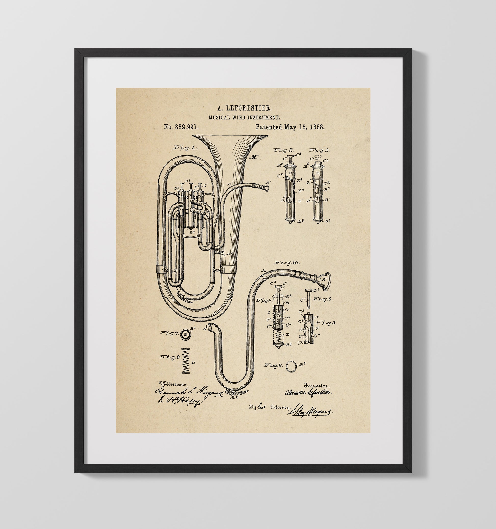 Patent Print - Musical Wind Instrument - Alexander Leforestier - 1888 - Patent 382991 Patent Wall Art