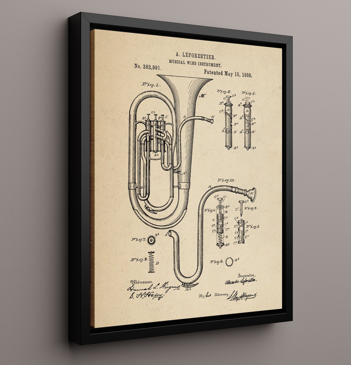 Patent Print - Musical Wind Instrument - Alexander Leforestier - 1888 - Patent 382991 Patent Wall Art