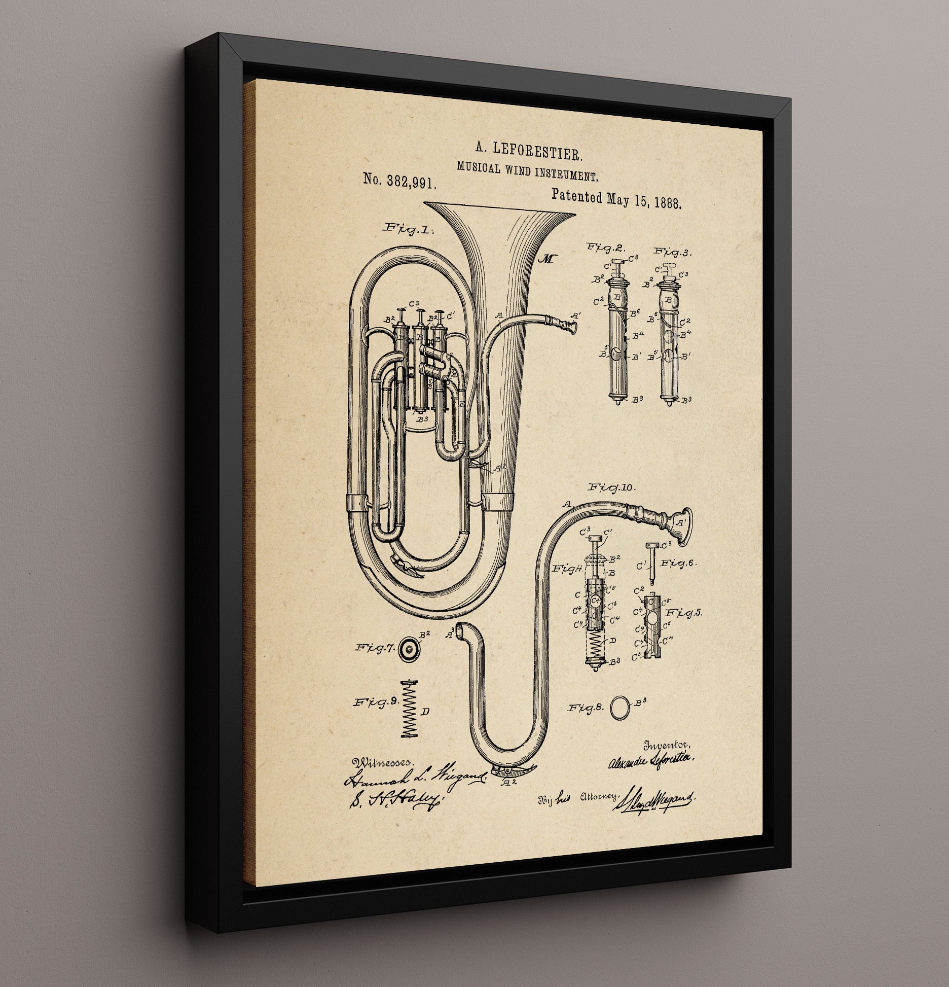 Patent Print - Musical Wind Instrument - Alexander Leforestier - 1888 - Patent 382991 Patent Wall Art