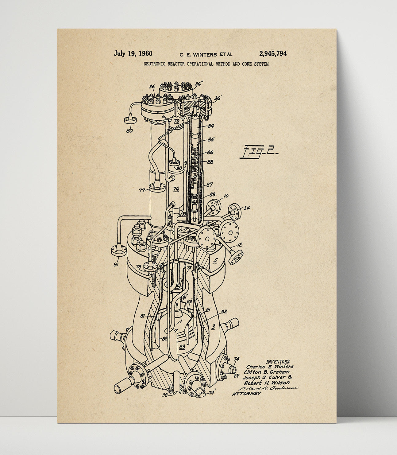Patent Print - Neutronic Reactor Operational Method And Core System - Charles E. Winters Et Al - 1960 - Patent 2945794 Patent Wall Art