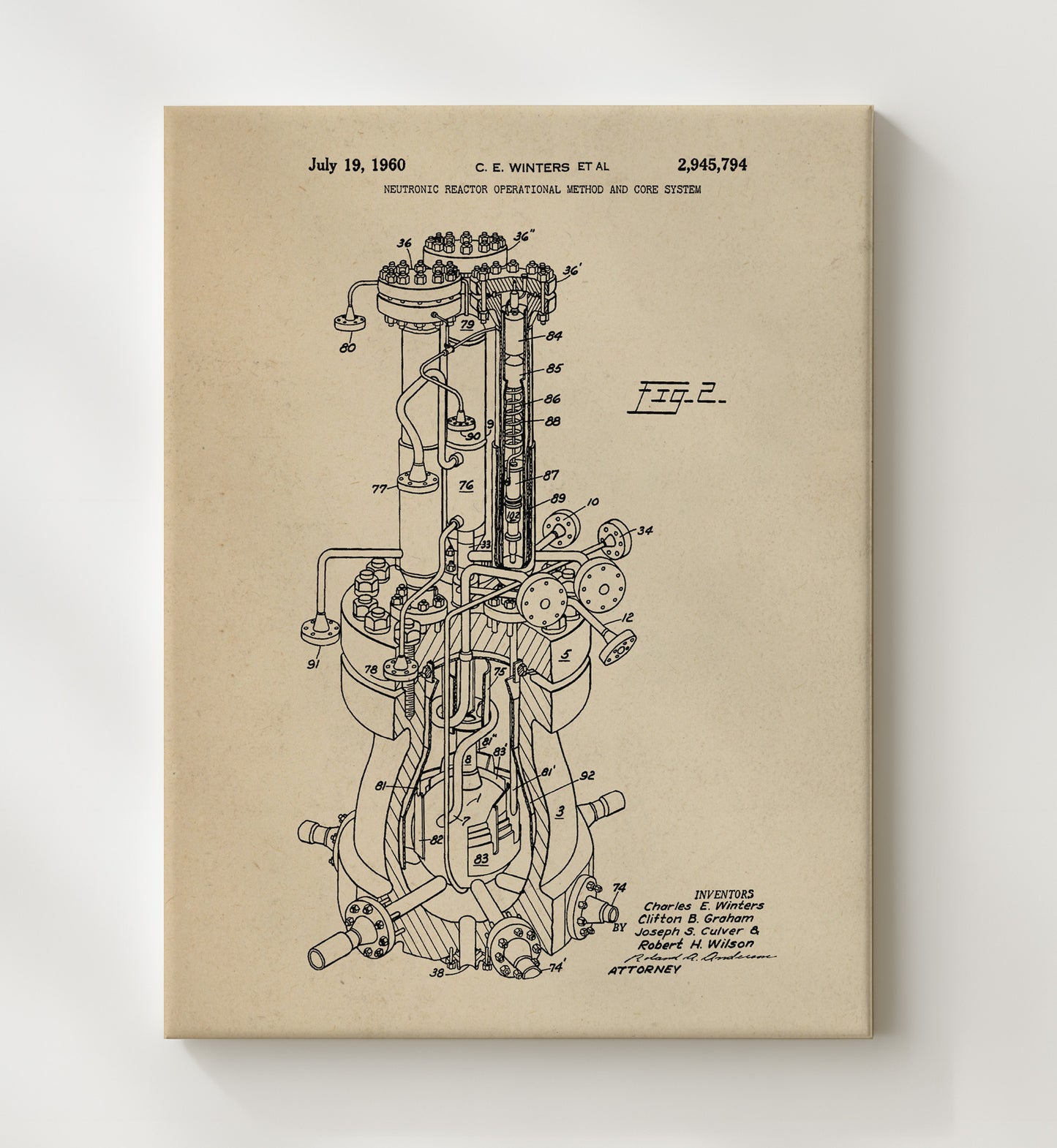 Patent Print - Neutronic Reactor Operational Method And Core System - Charles E. Winters Et Al - 1960 - Patent 2945794 Patent Wall Art