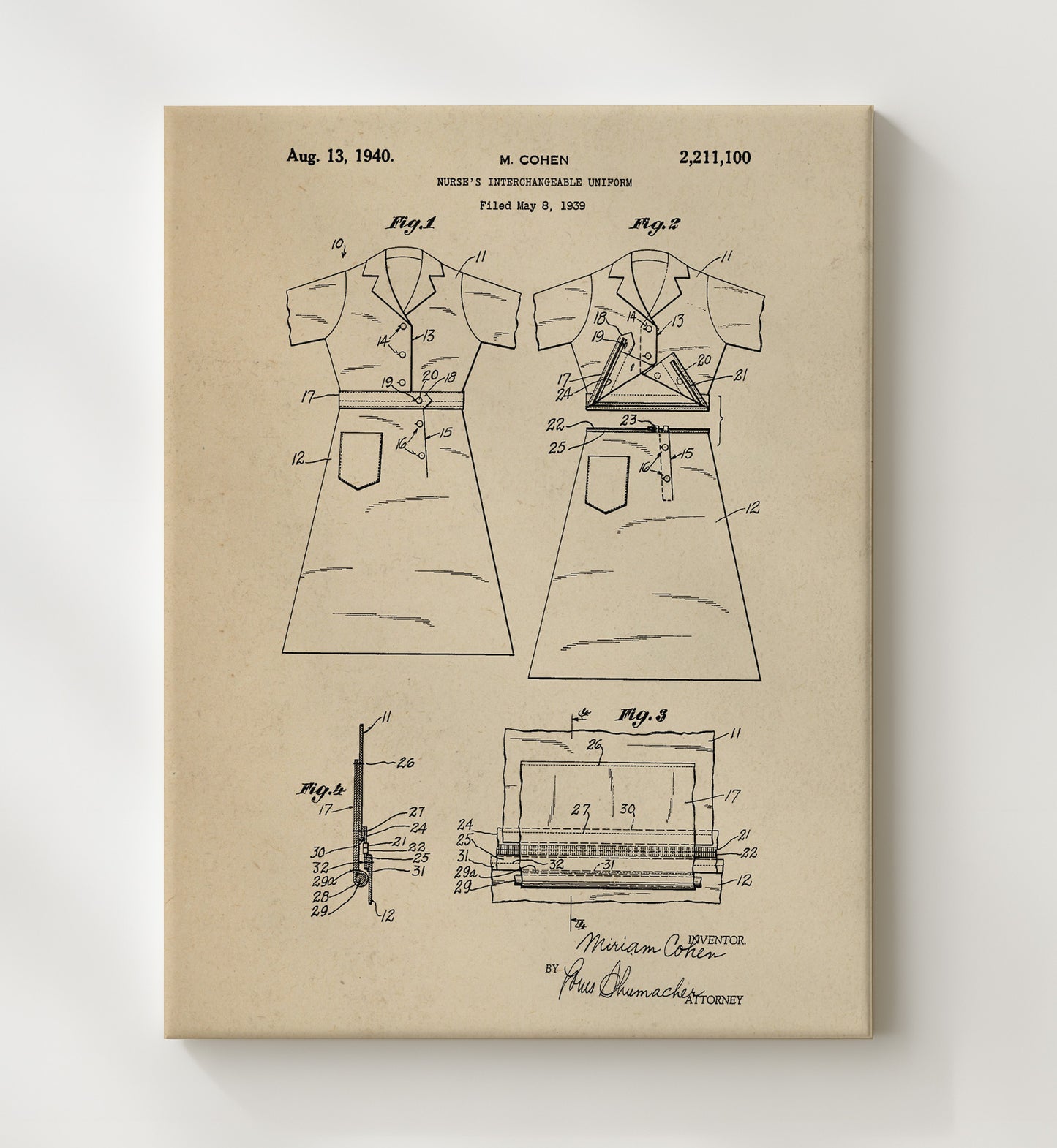 Patent Print - Nurses Interchangeable Uniform - M. Cohen - 1940 - Patent 2211100 Patent Wall Art