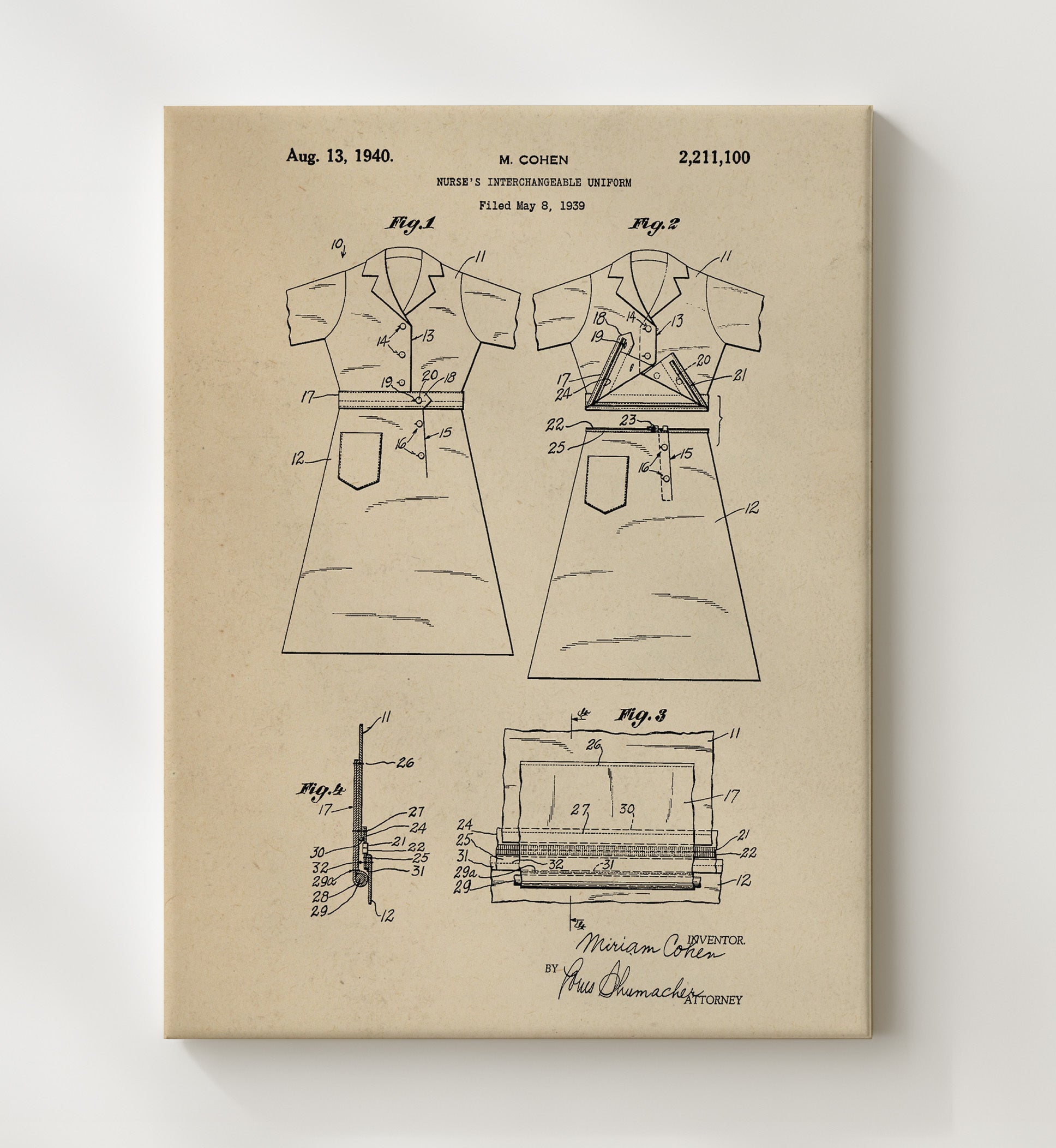 Patent Print - Nurses Interchangeable Uniform - M. Cohen - 1940 - Patent 2211100 Patent Wall Art