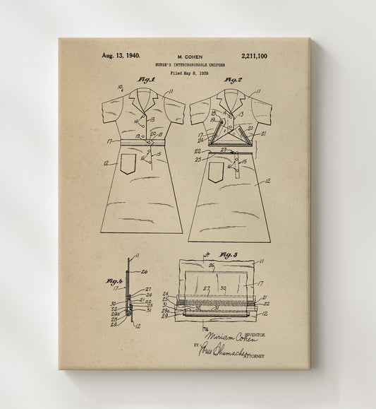 Nurses Interchangeable Uniform 1940 patent print wall art 8x10 Canvas