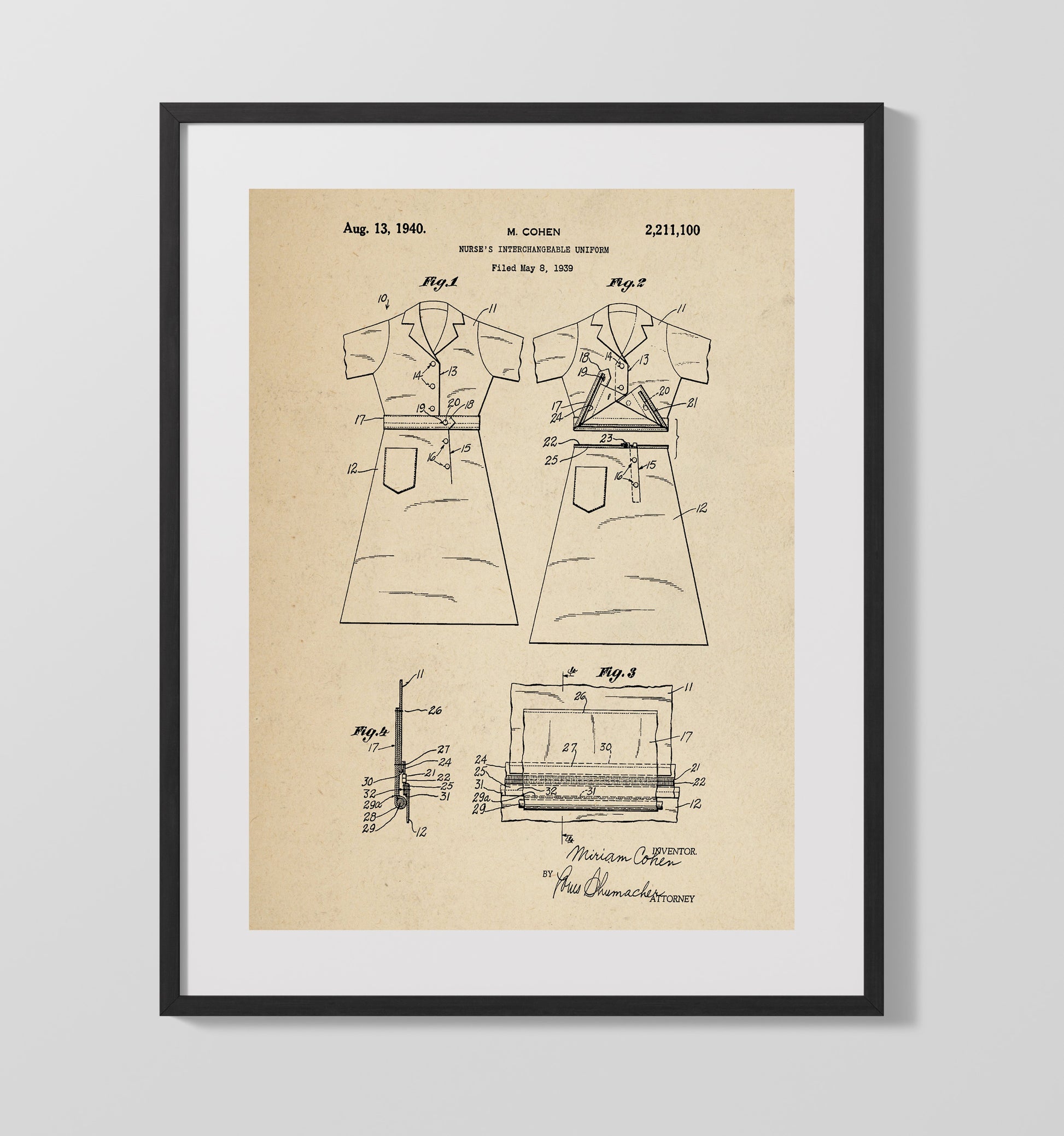 Patent Print - Nurses Interchangeable Uniform - M. Cohen - 1940 - Patent 2211100 Patent Wall Art