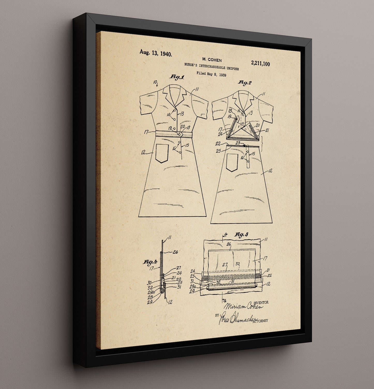 Patent Print - Nurses Interchangeable Uniform - M. Cohen - 1940 - Patent 2211100 Patent Wall Art