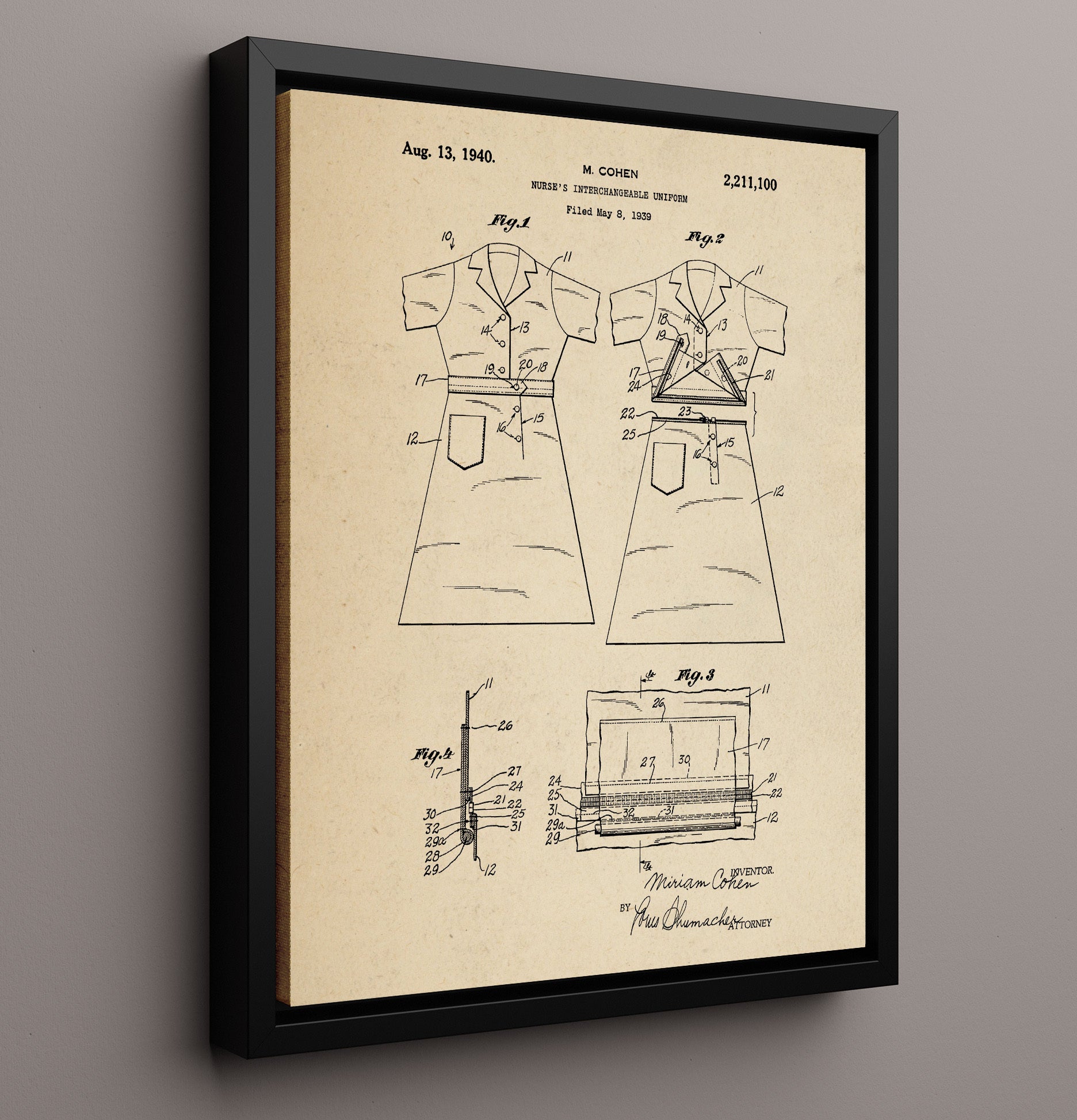 Patent Print - Nurses Interchangeable Uniform - M. Cohen - 1940 - Patent 2211100 Patent Wall Art