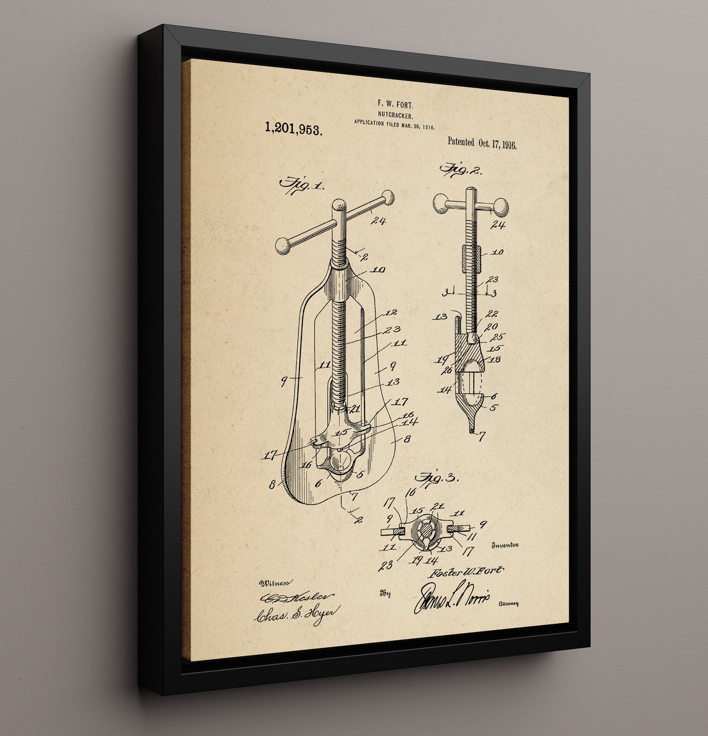 Patent Print - Nutcracker - F.W. Fort - 1916 - Patent 1201953 Patent Wall Art