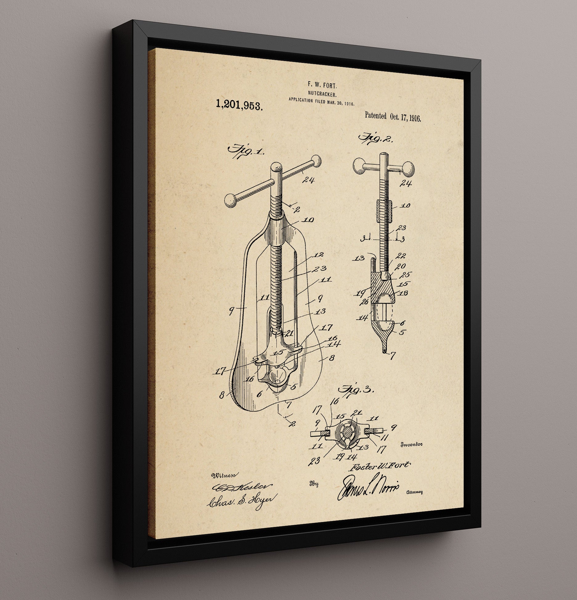 Patent Print - Nutcracker - F.W. Fort - 1916 - Patent 1201953 Patent Wall Art