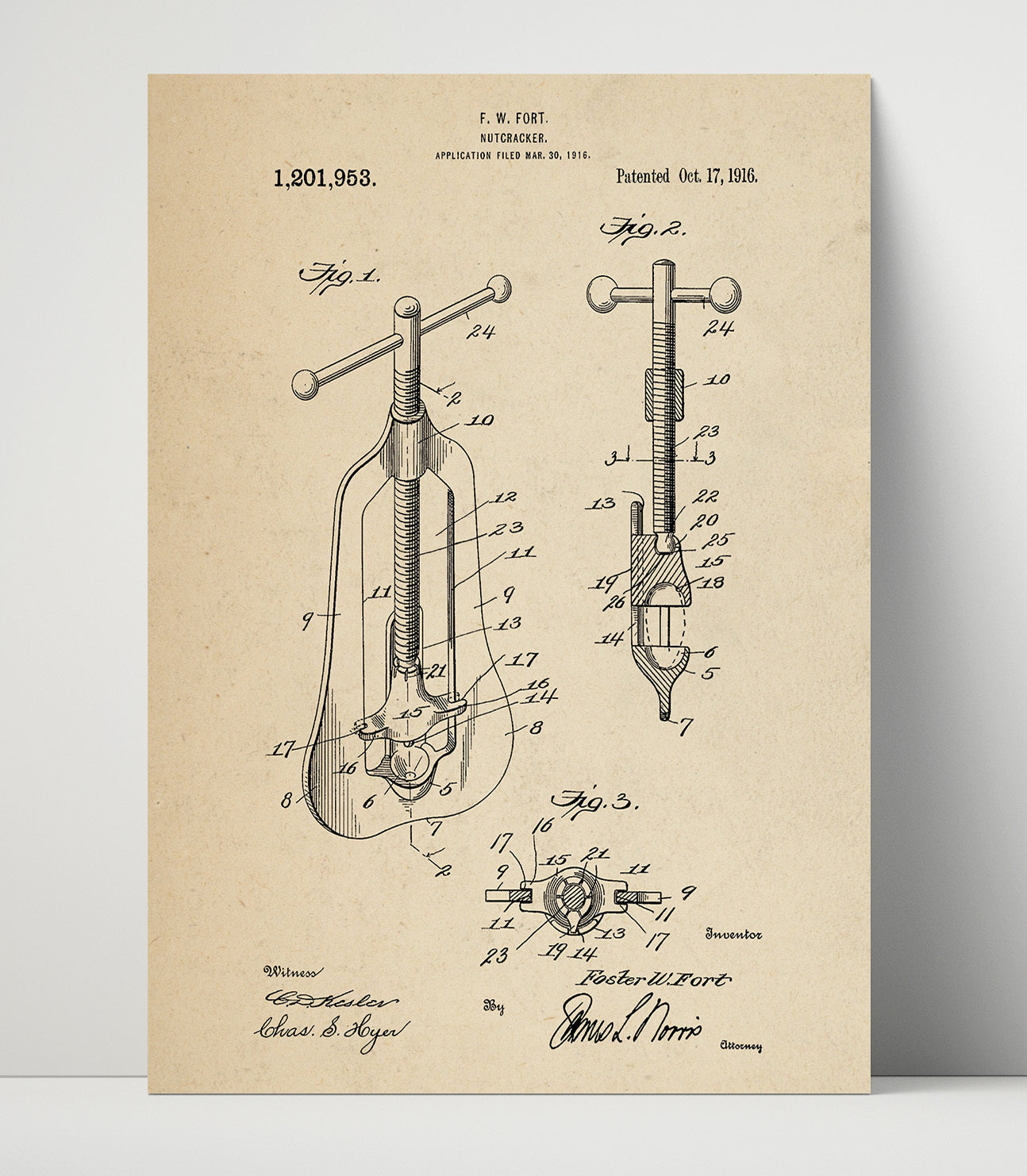 Patent Print - Nutcracker - F.W. Fort - 1916 - Patent 1201953 Patent Wall Art