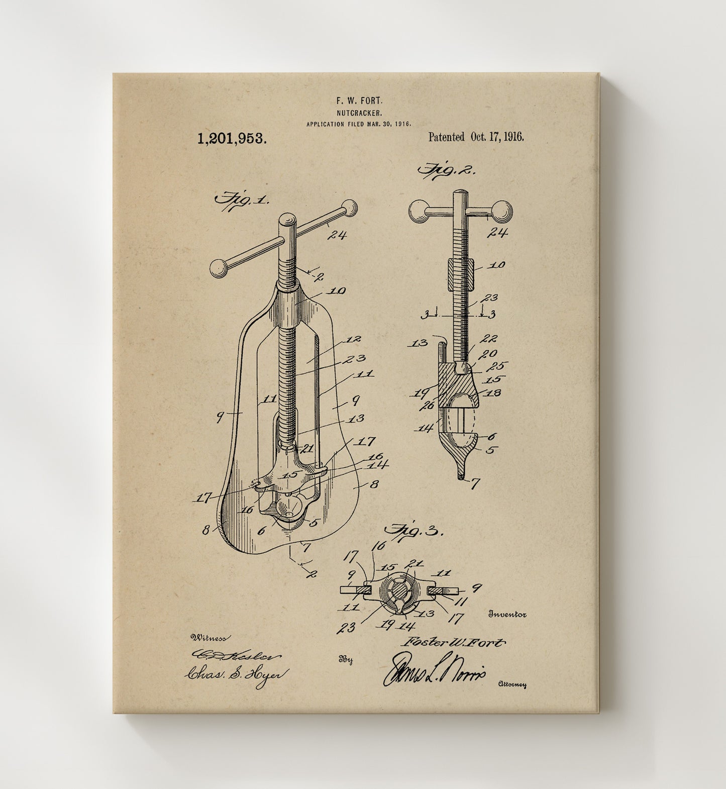 Patent Print - Nutcracker - F.W. Fort - 1916 - Patent 1201953 Patent Wall Art