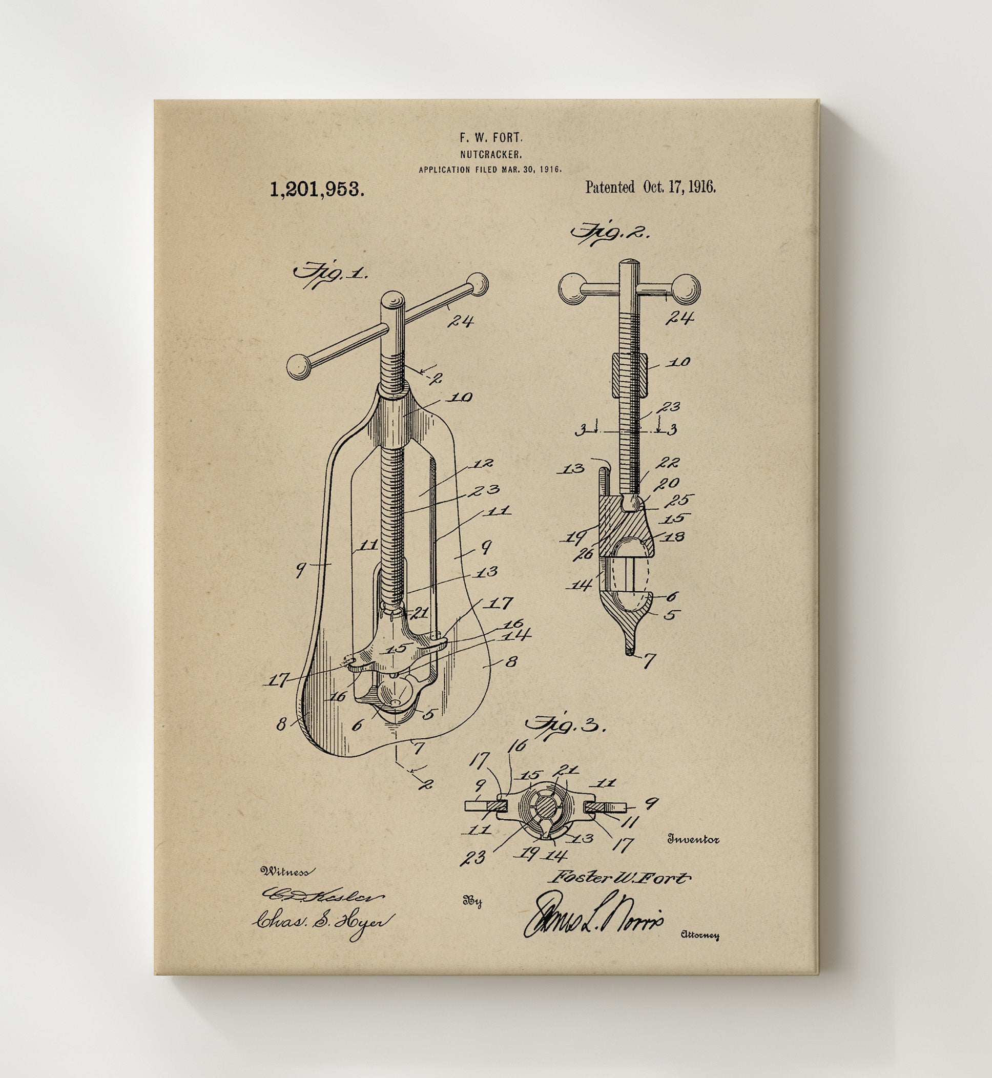 Patent Print - Nutcracker - F.W. Fort - 1916 - Patent 1201953 Patent Wall Art