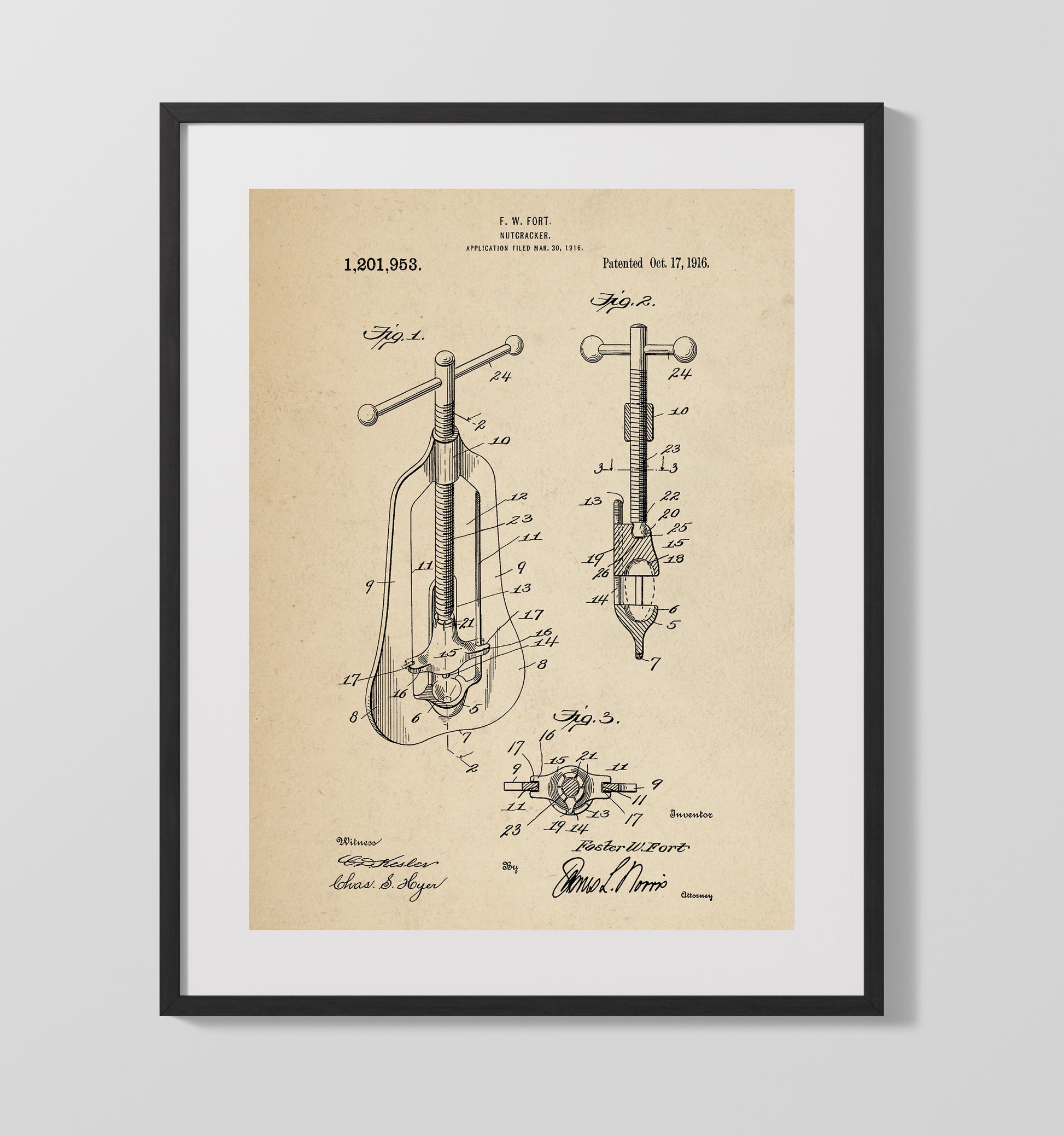 Patent Print - Nutcracker - F.W. Fort - 1916 - Patent 1201953 Patent Wall Art
