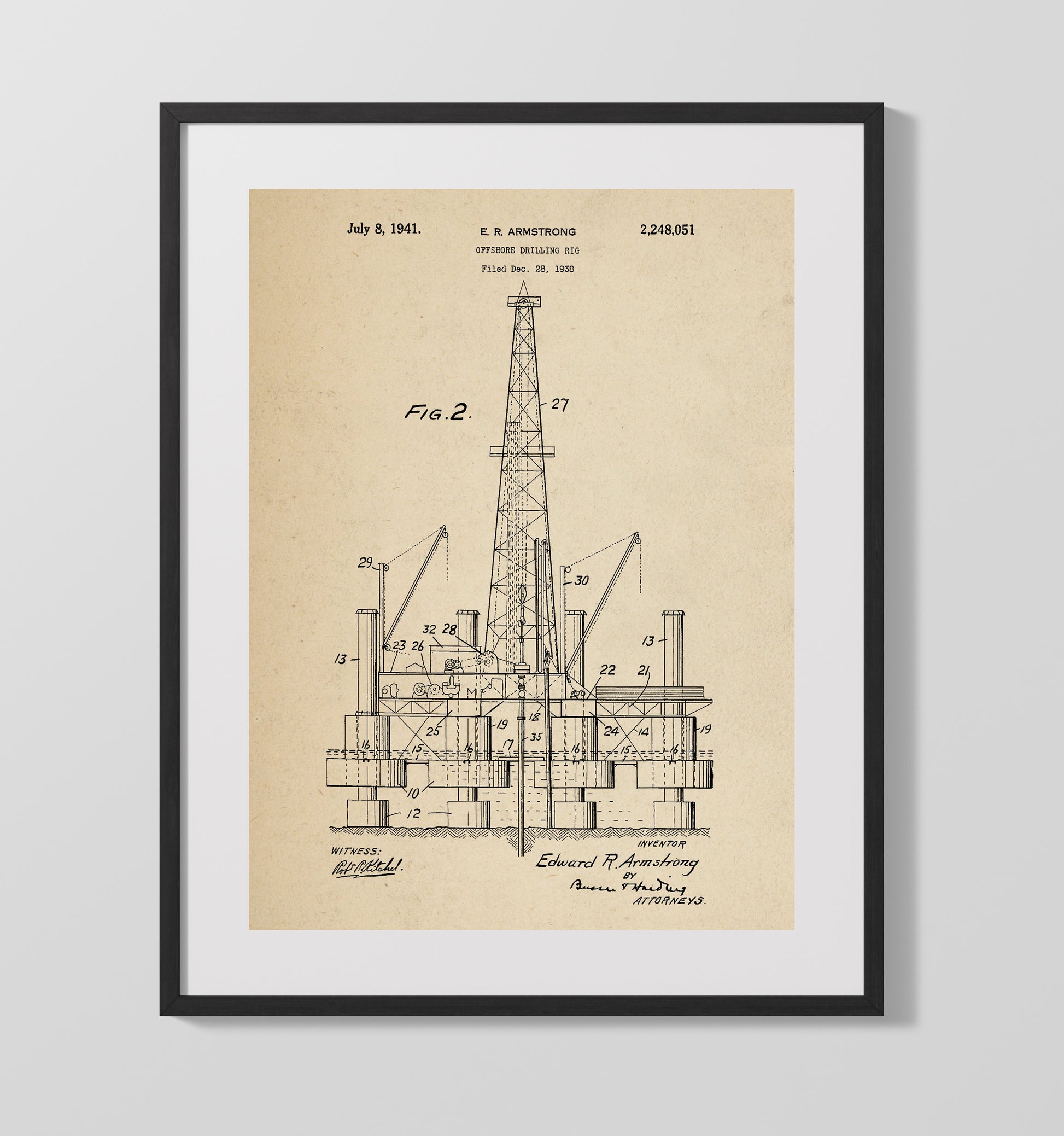 Patent Print - Offshore Drilling Rig - Edward R Armstrong - 1941 - Patent 2248051 Patent Wall Art