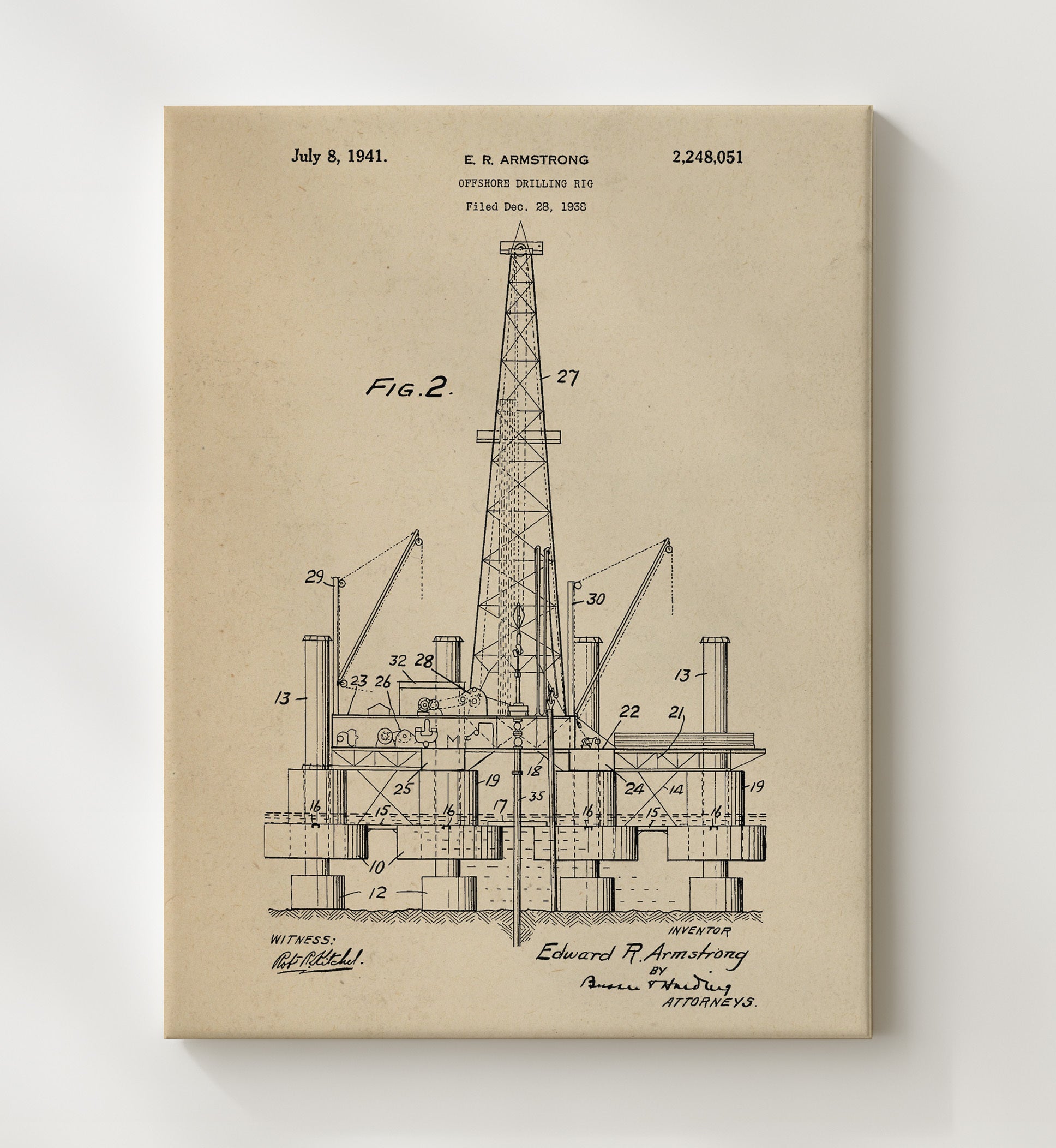 Patent Print - Offshore Drilling Rig - Edward R Armstrong - 1941 - Patent 2248051 Patent Wall Art