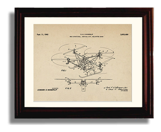 Patent Print - Omni-Directional Vertical-Lift Helicopter Drone - Edward G Vanderlip - 1962 - Patent 3053480 - Landscape Patent Wall Art