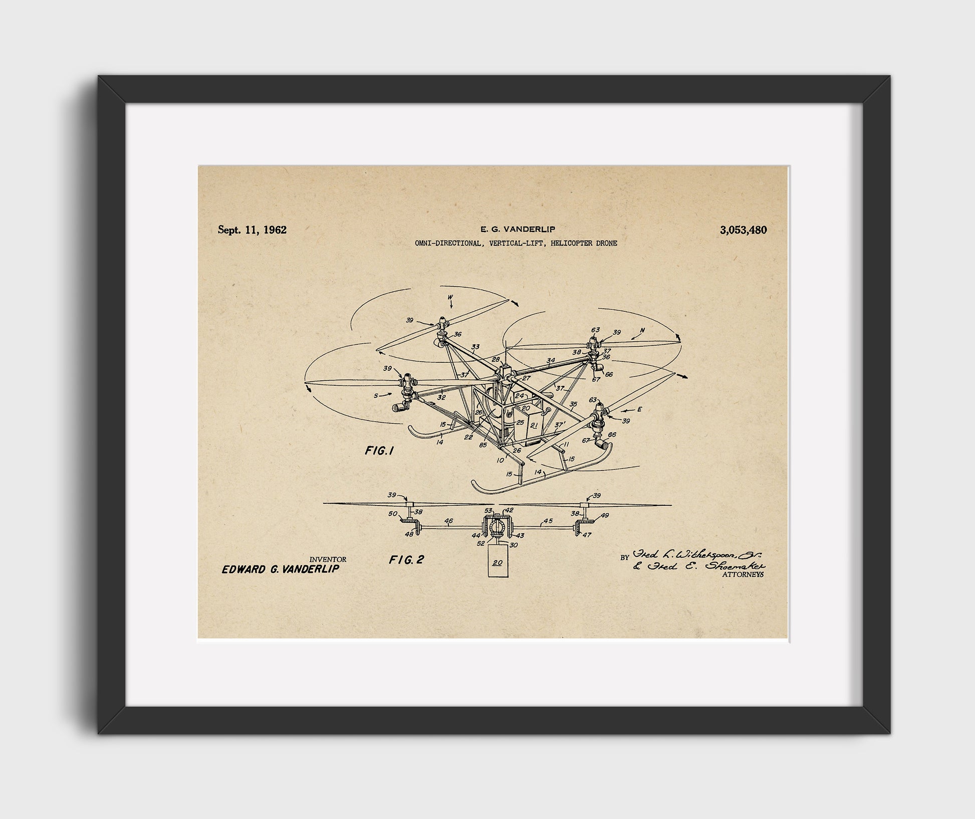 Patent Print - Omni-Directional Vertical-Lift Helicopter Drone - Edward G Vanderlip - 1962 - Patent 3053480 - Landscape Patent Wall Art