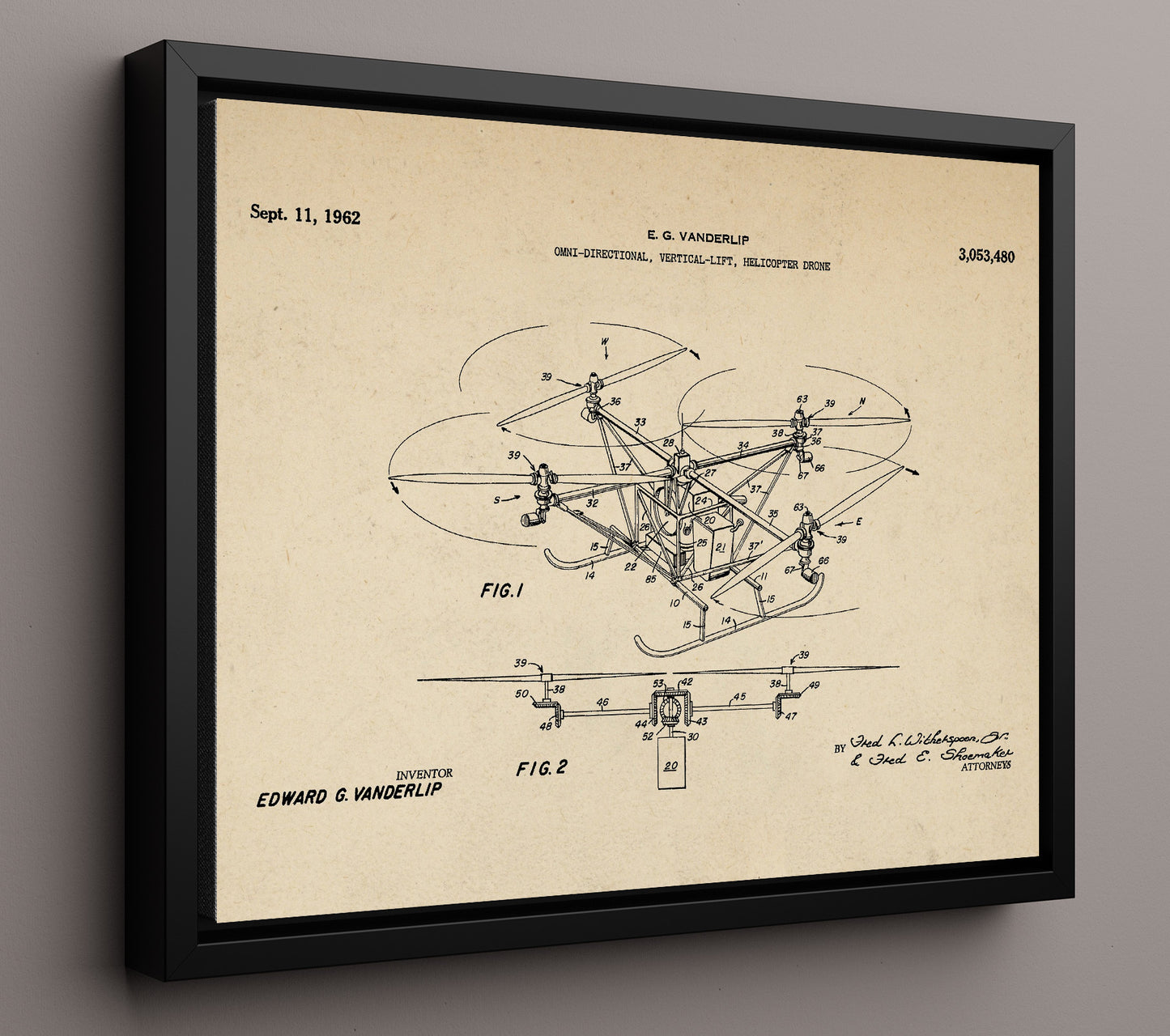 Patent Print - Omni-Directional Vertical-Lift Helicopter Drone - Edward G Vanderlip - 1962 - Patent 3053480 - Landscape Patent Wall Art
