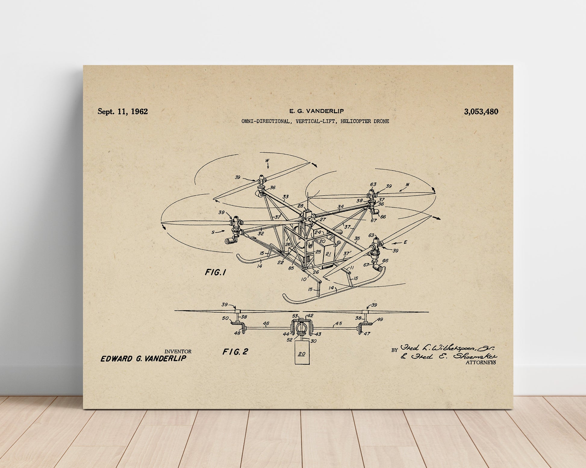 Patent Print - Omni-Directional Vertical-Lift Helicopter Drone - Edward G Vanderlip - 1962 - Patent 3053480 - Landscape Patent Wall Art