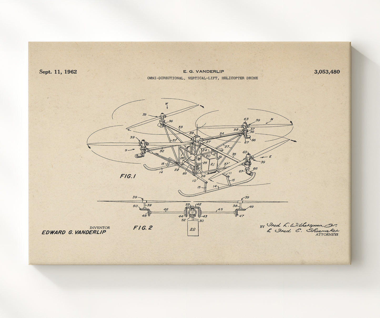 Patent Print - Omni-Directional Vertical-Lift Helicopter Drone - Edward G Vanderlip - 1962 - Patent 3053480 - Landscape Patent Wall Art