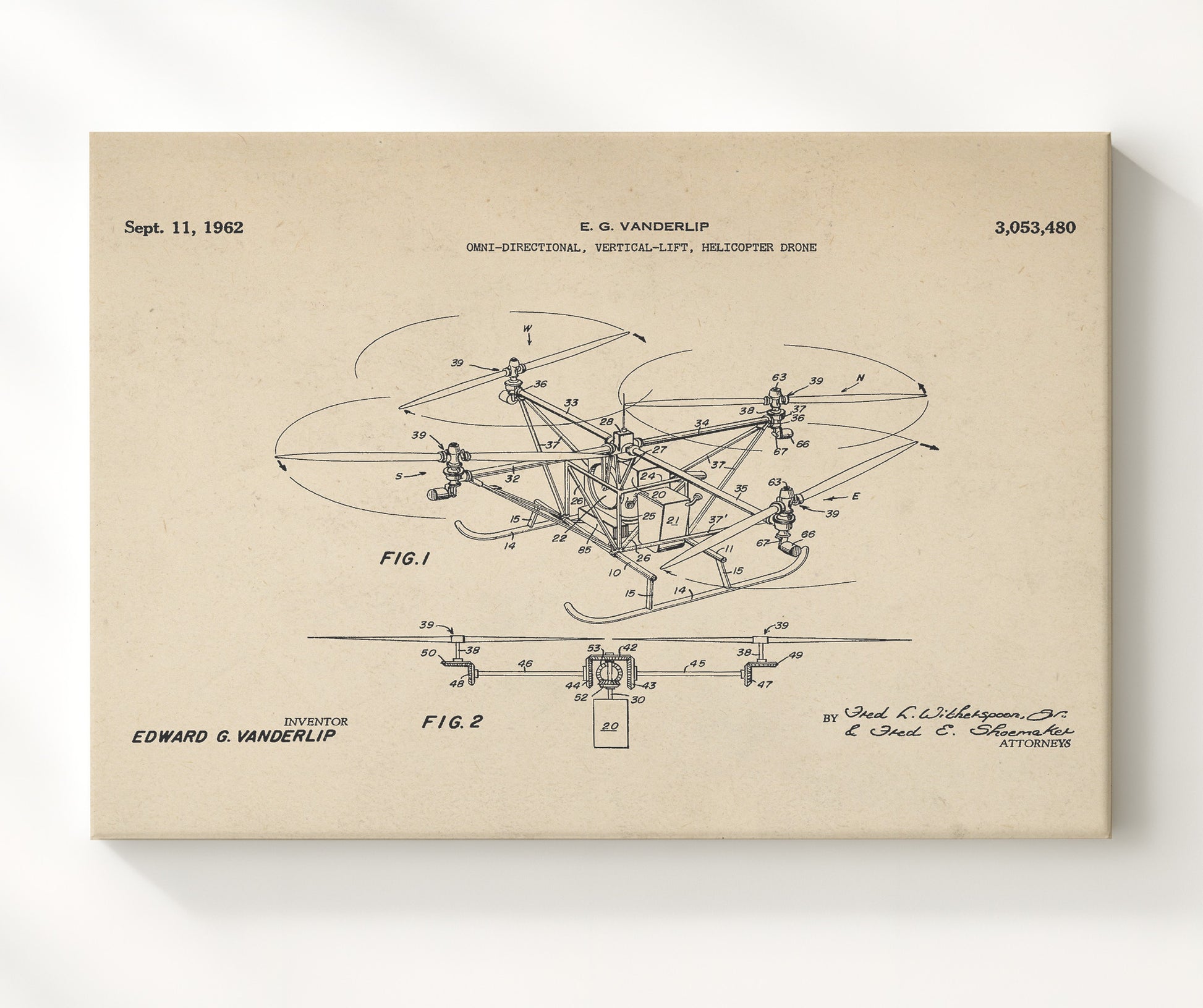 Patent Print - Omni-Directional Vertical-Lift Helicopter Drone - Edward G Vanderlip - 1962 - Patent 3053480 - Landscape Patent Wall Art