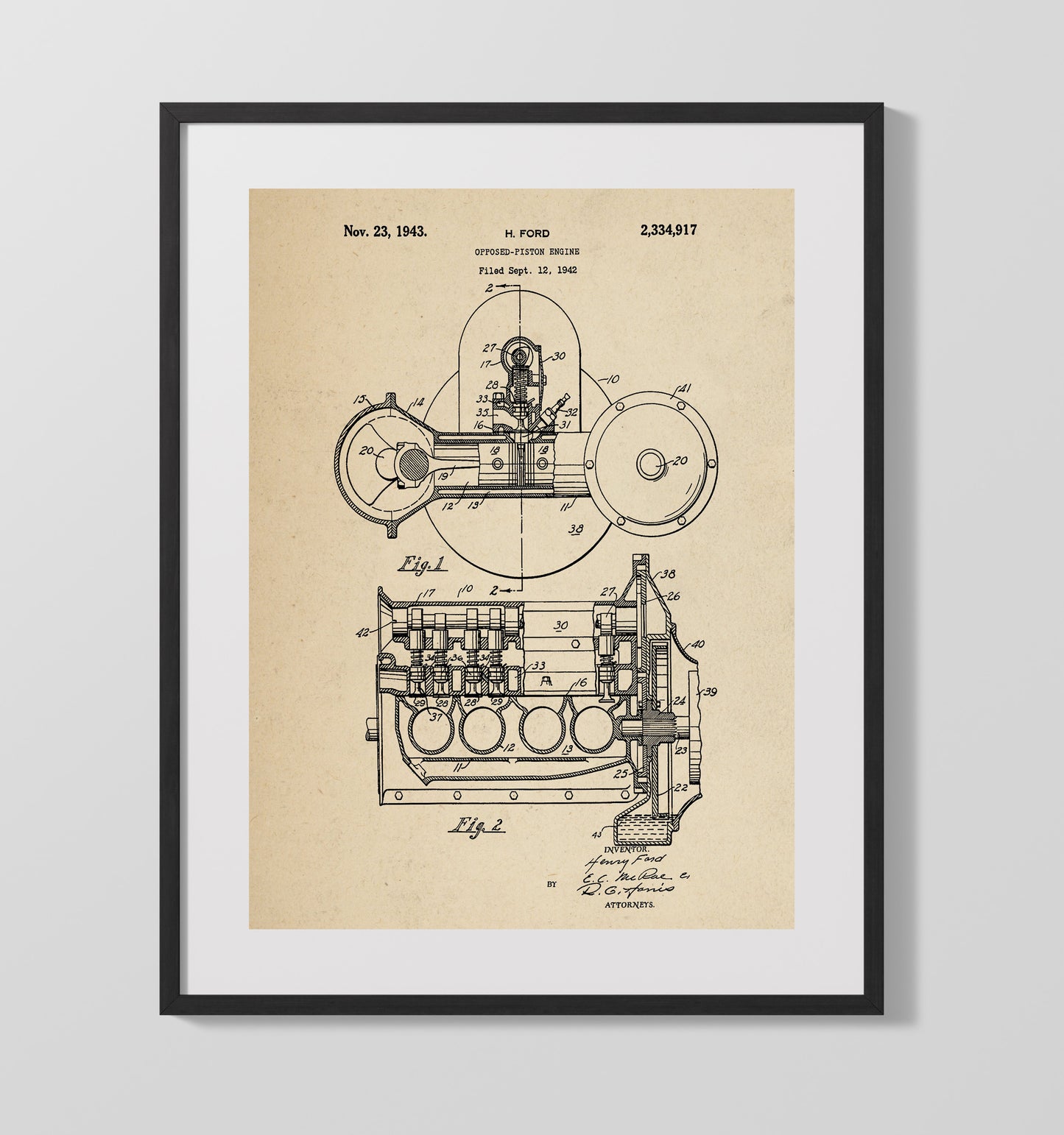 Patent Print - Opposed-Piston Engine - Henry Ford - 1943 - Patent 2334917 Patent Wall Art