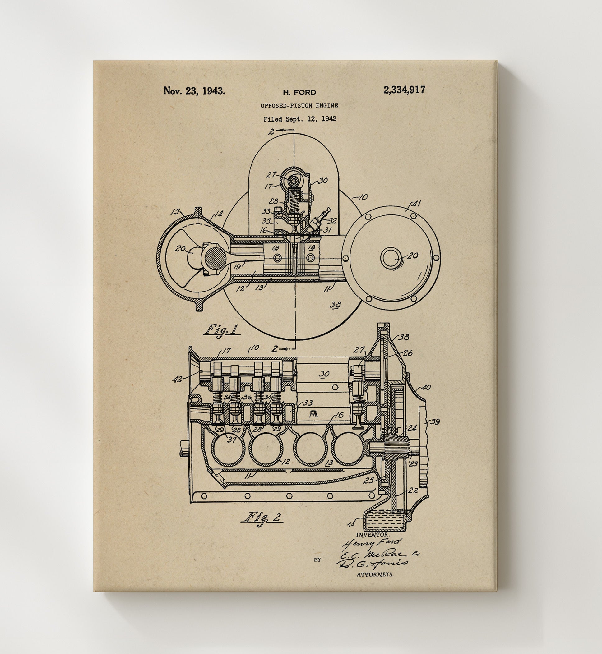 Patent Print - Opposed-Piston Engine - Henry Ford - 1943 - Patent 2334917 Patent Wall Art