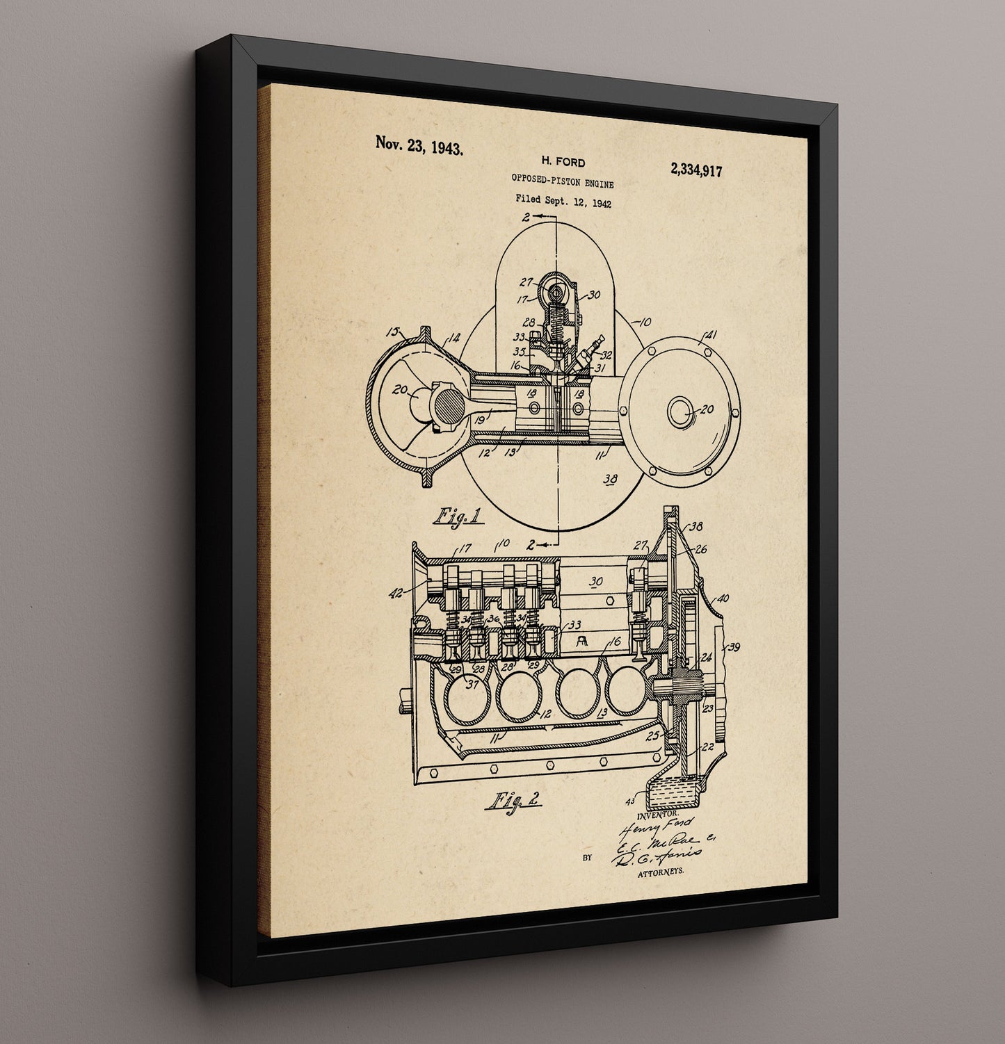 Patent Print - Opposed-Piston Engine - Henry Ford - 1943 - Patent 2334917 Patent Wall Art