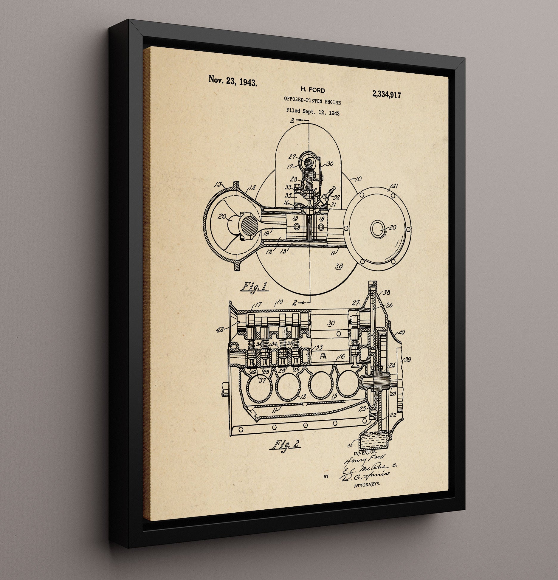 Patent Print - Opposed-Piston Engine - Henry Ford - 1943 - Patent 2334917 Patent Wall Art