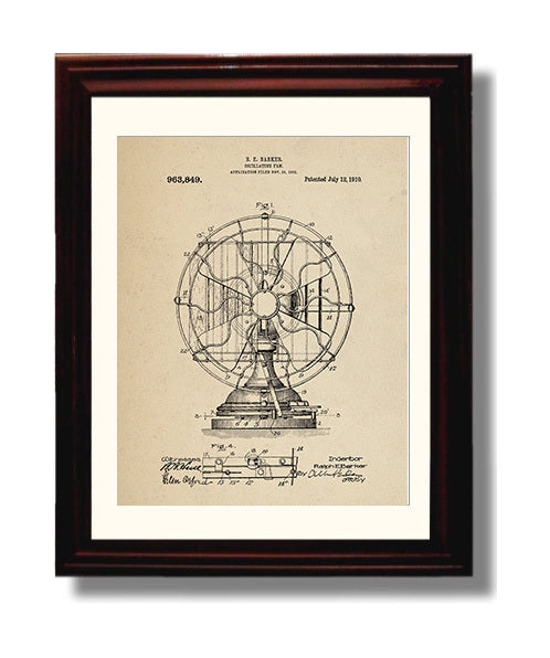 Patent Print - Oscillating Fan - Ralph E. Barker - 1910 - Patent 963849 Patent Wall Art