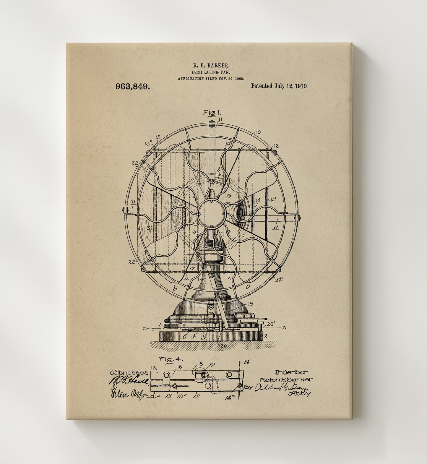 Patent Print - Oscillating Fan - Ralph E. Barker - 1910 - Patent 963849 Patent Wall Art