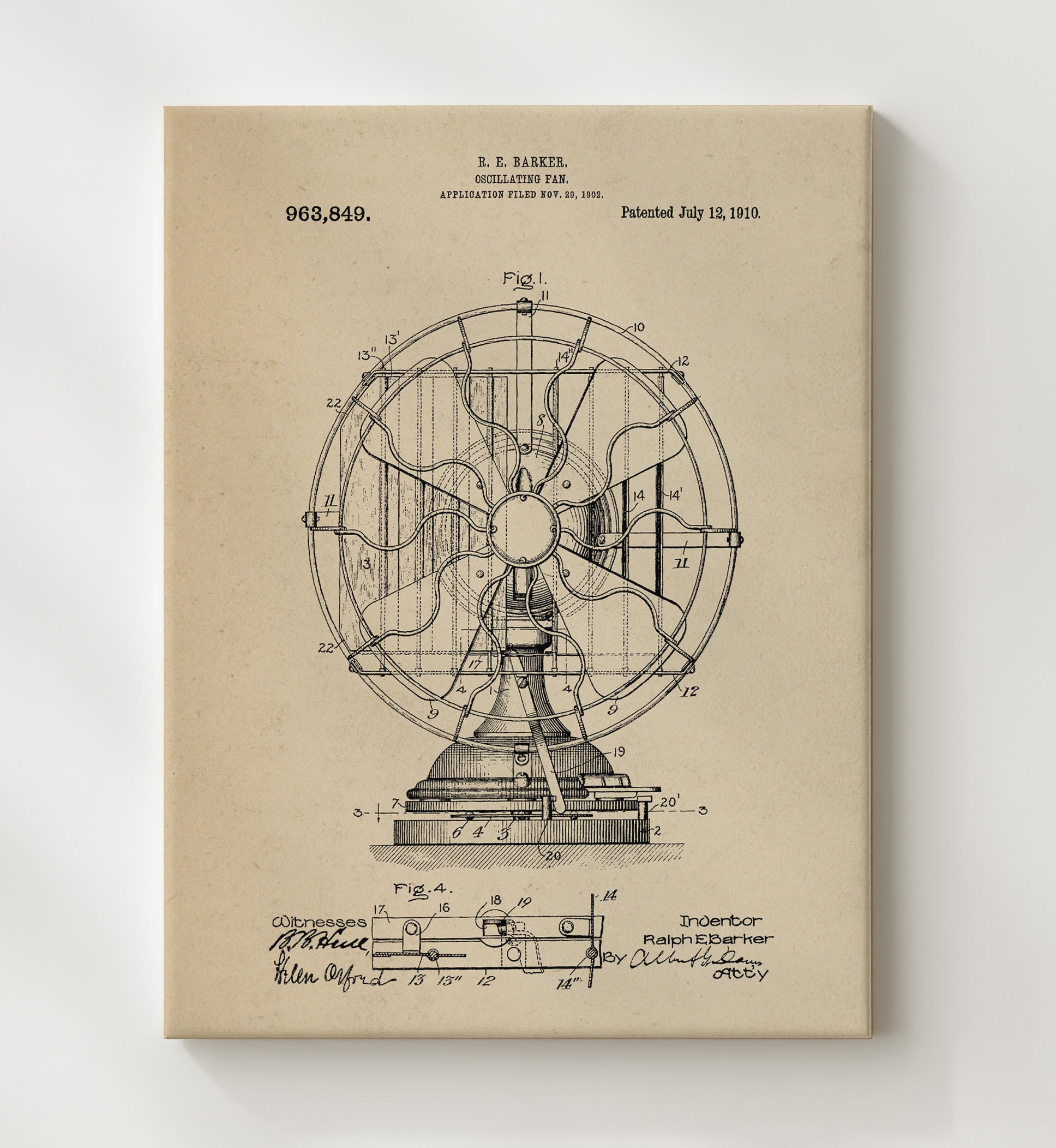 Patent Print - Oscillating Fan - Ralph E. Barker - 1910 - Patent 963849 Patent Wall Art