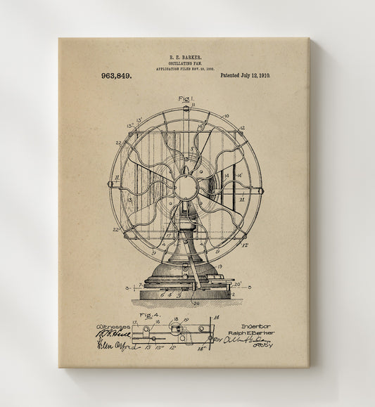 Oscillating Fan 1910 patent print wall art 8x10 Canvas