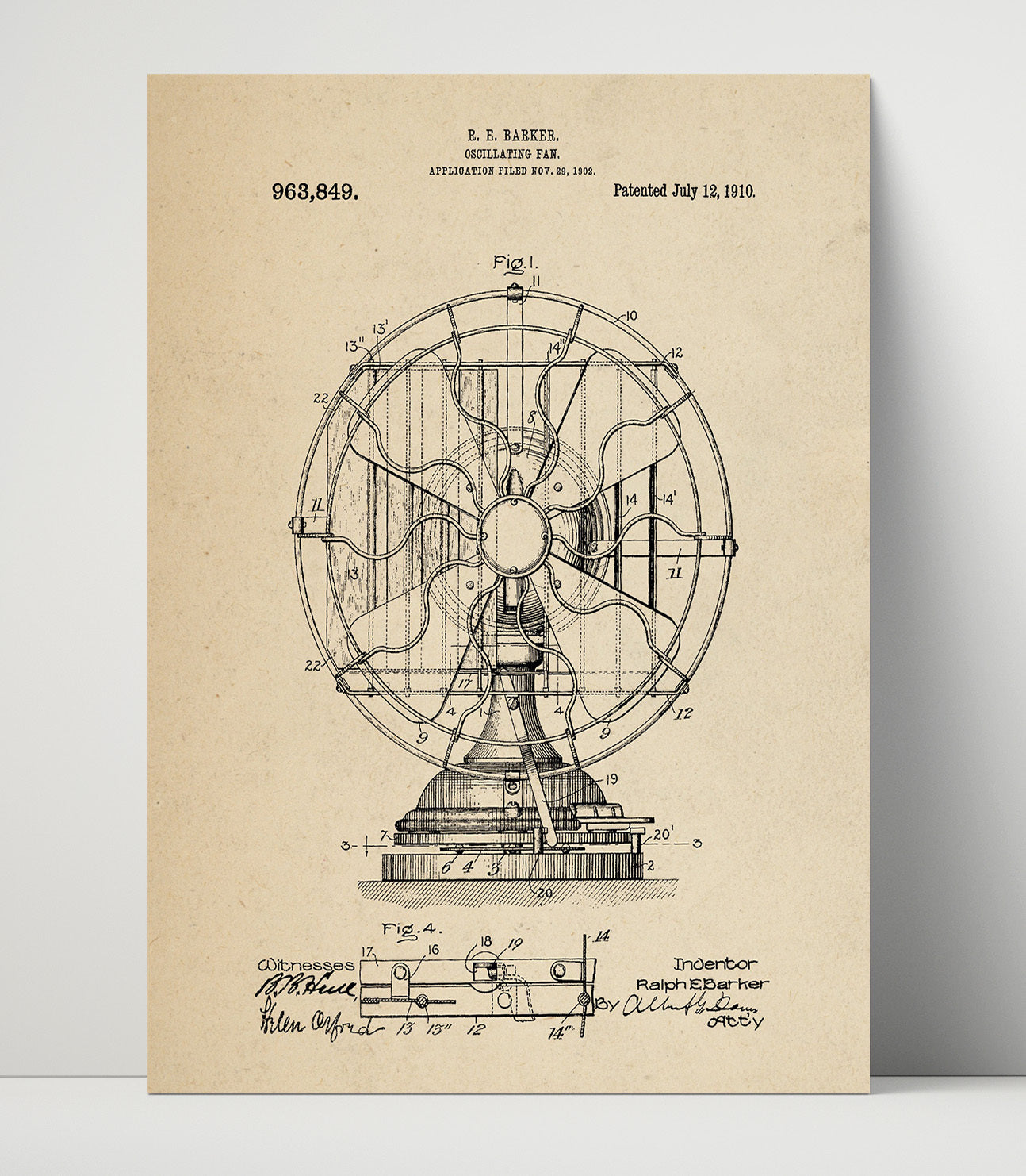 Patent Print - Oscillating Fan - Ralph E. Barker - 1910 - Patent 963849 Patent Wall Art