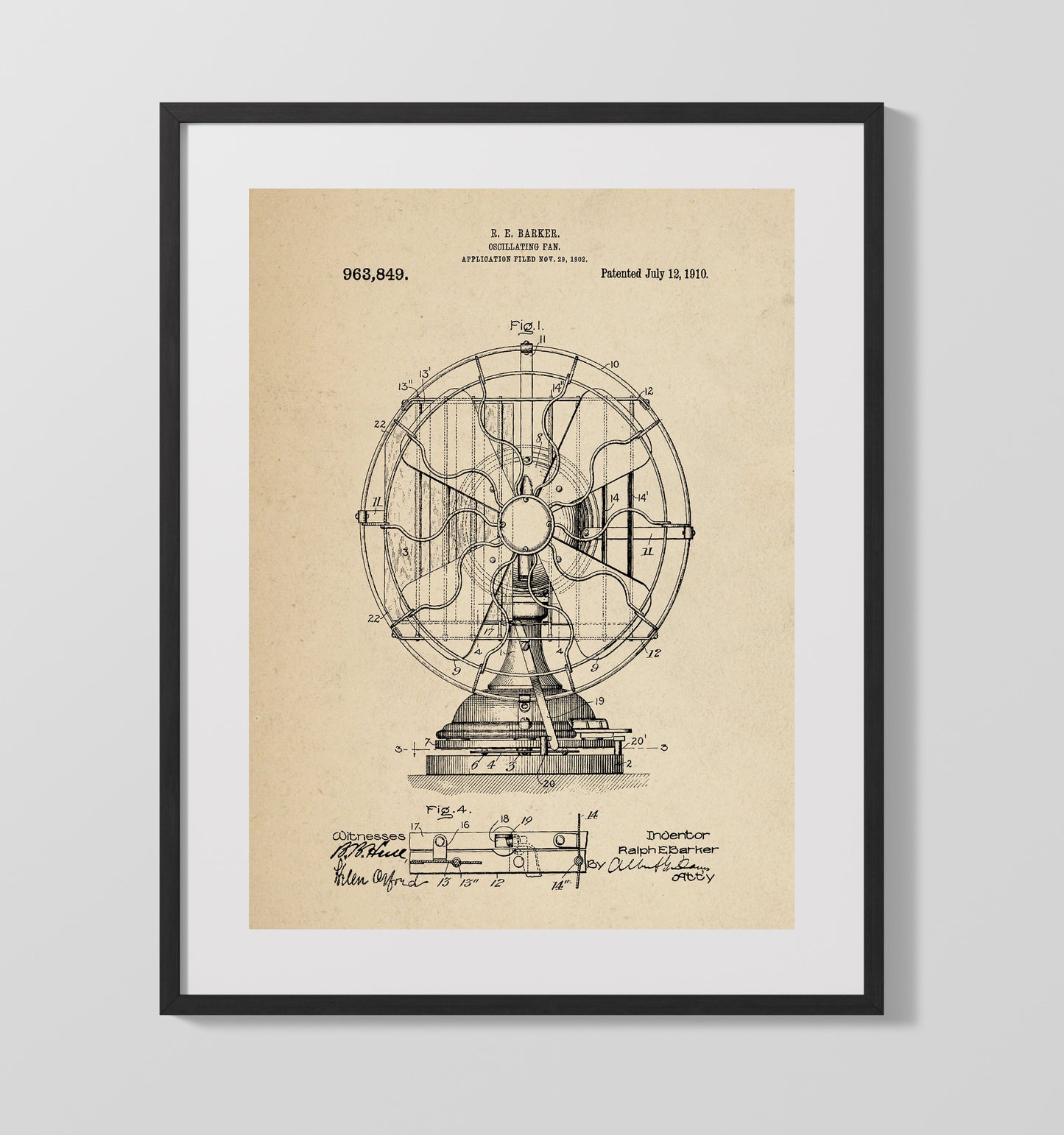 Patent Print - Oscillating Fan - Ralph E. Barker - 1910 - Patent 963849 Patent Wall Art