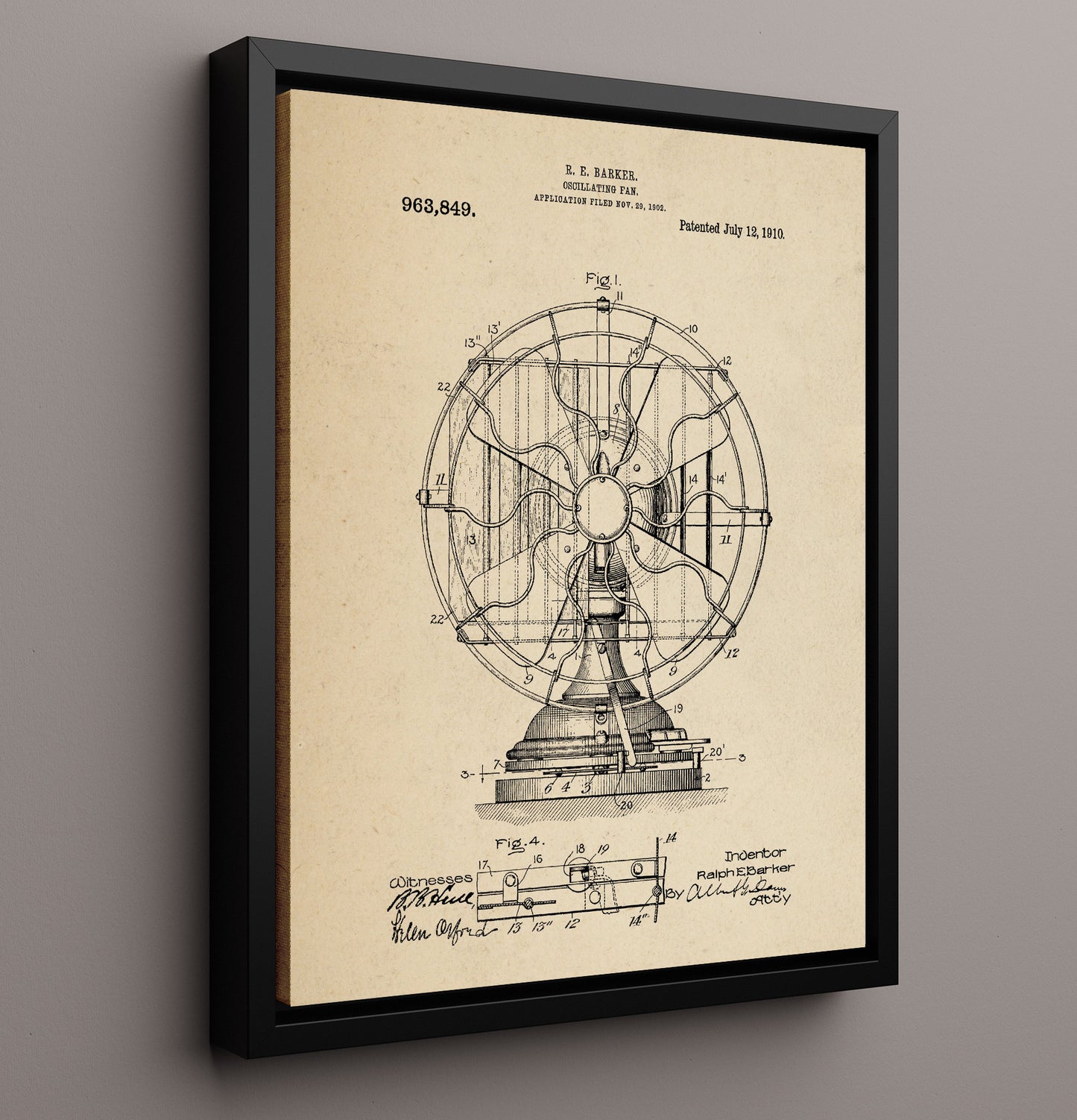 Patent Print - Oscillating Fan - Ralph E. Barker - 1910 - Patent 963849 Patent Wall Art