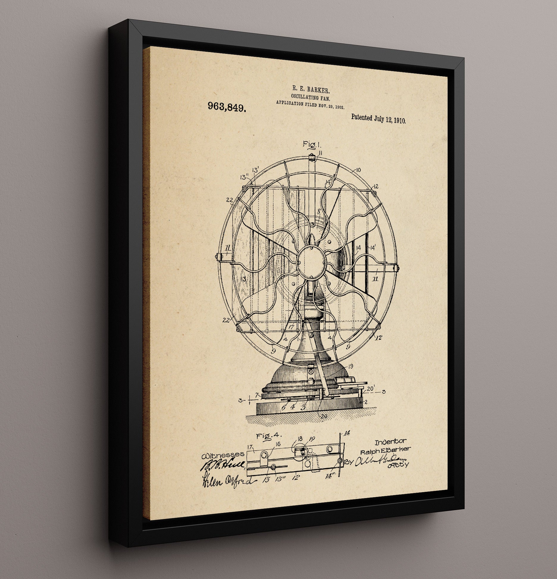 Patent Print - Oscillating Fan - Ralph E. Barker - 1910 - Patent 963849 Patent Wall Art