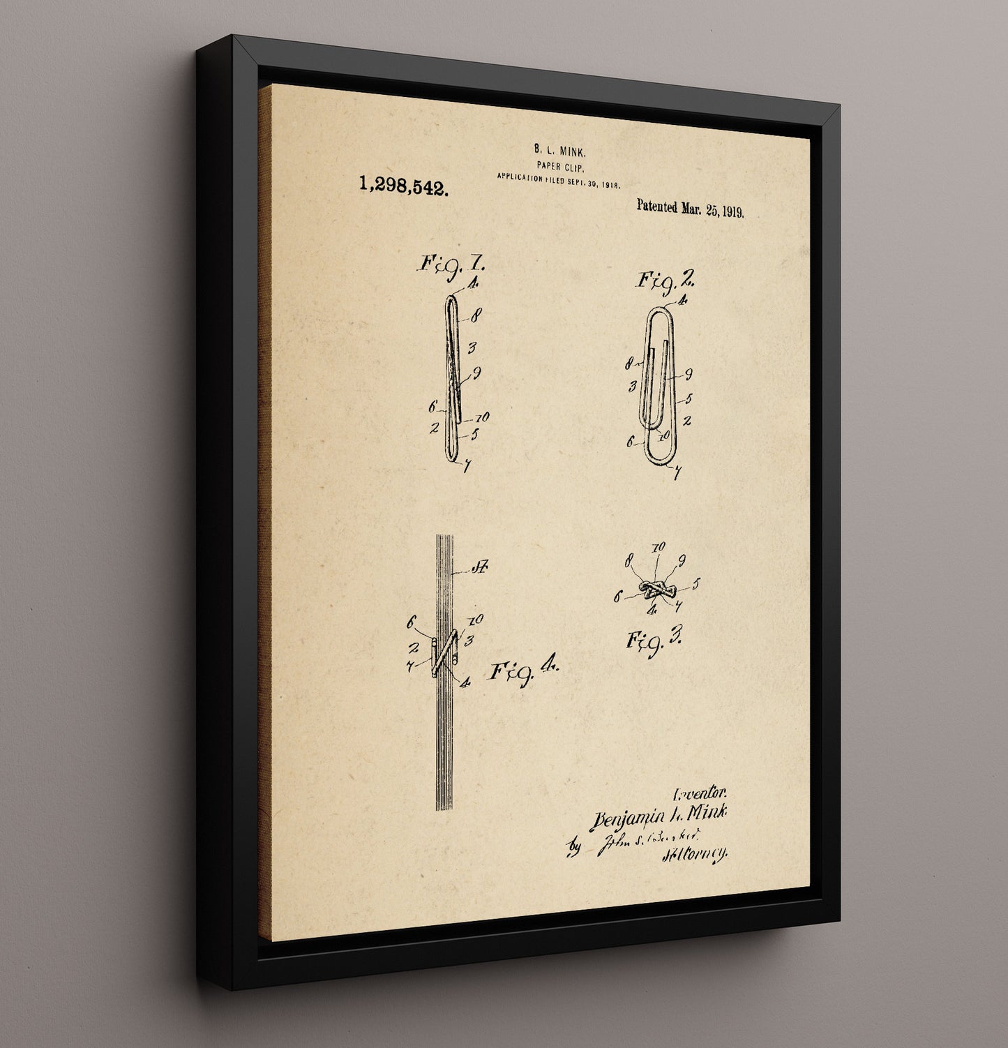 Patent Print - Paper Clip - B. L. Mink - 1919 - Patent 1298542 Patent Wall Art