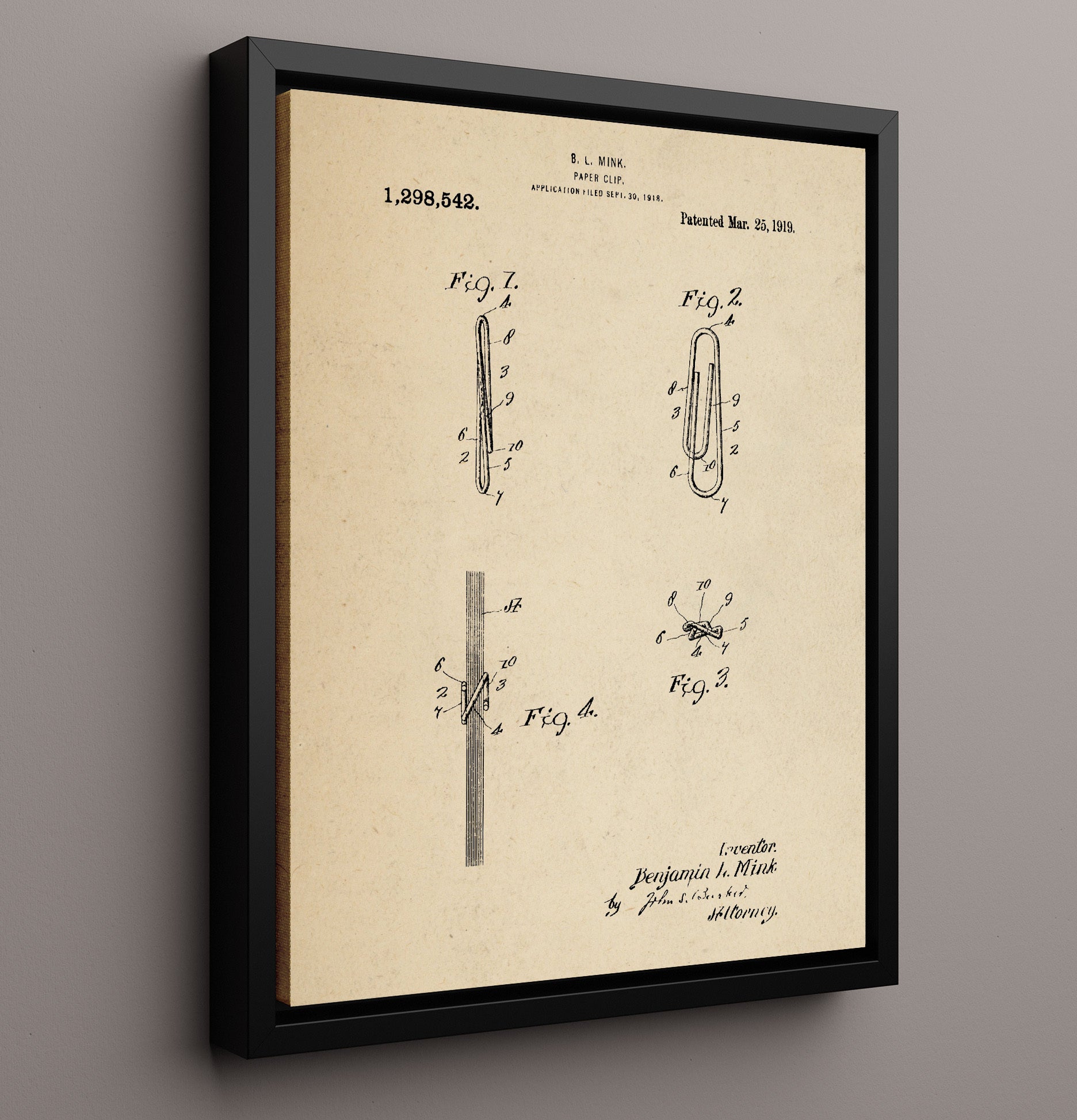 Patent Print - Paper Clip - B. L. Mink - 1919 - Patent 1298542 Patent Wall Art