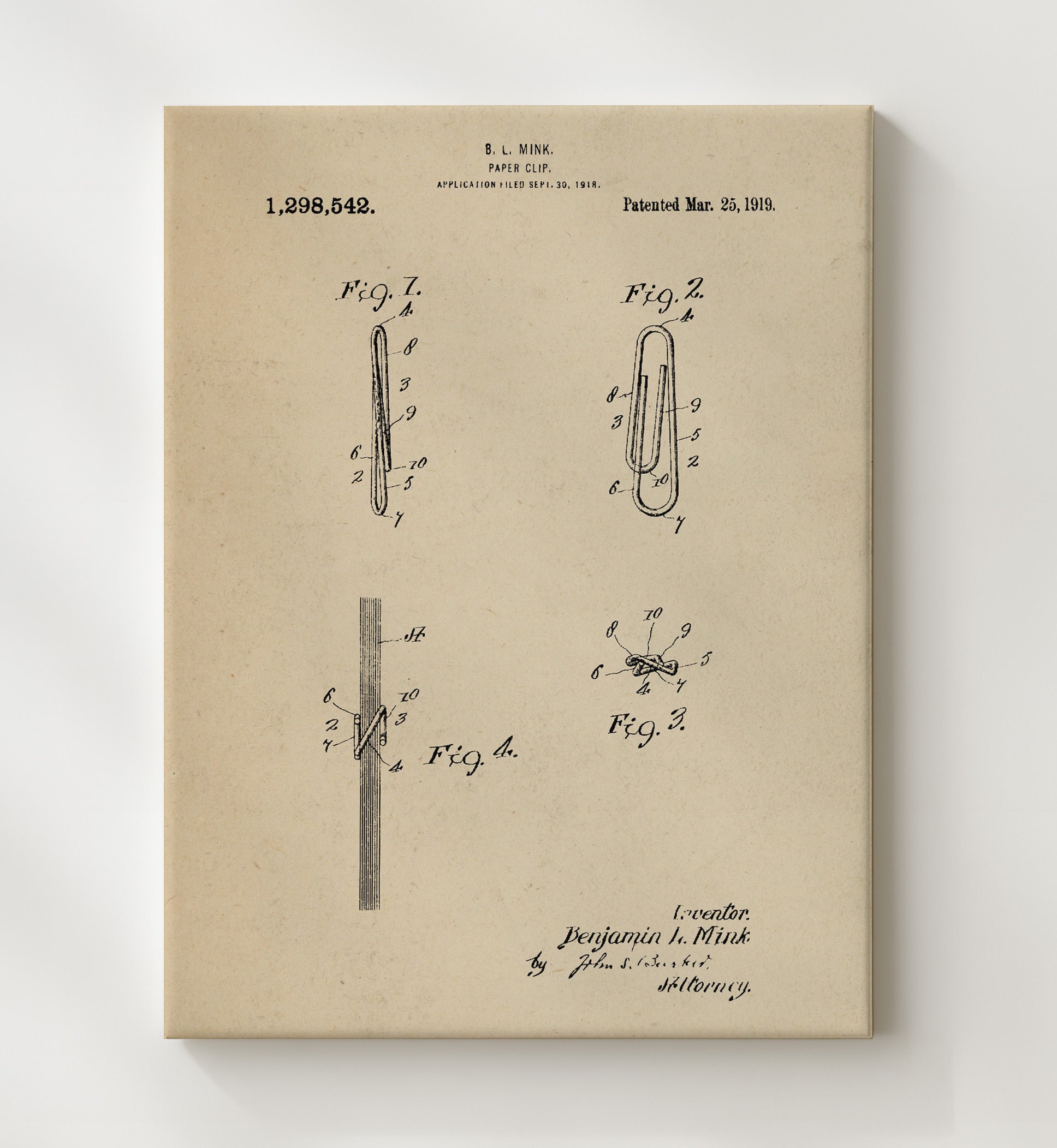 Patent Print - Paper Clip - B. L. Mink - 1919 - Patent 1298542 Patent Wall Art