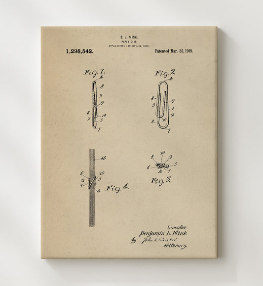 Paper Clip 1919 patent print wall art 8x10 Canvas