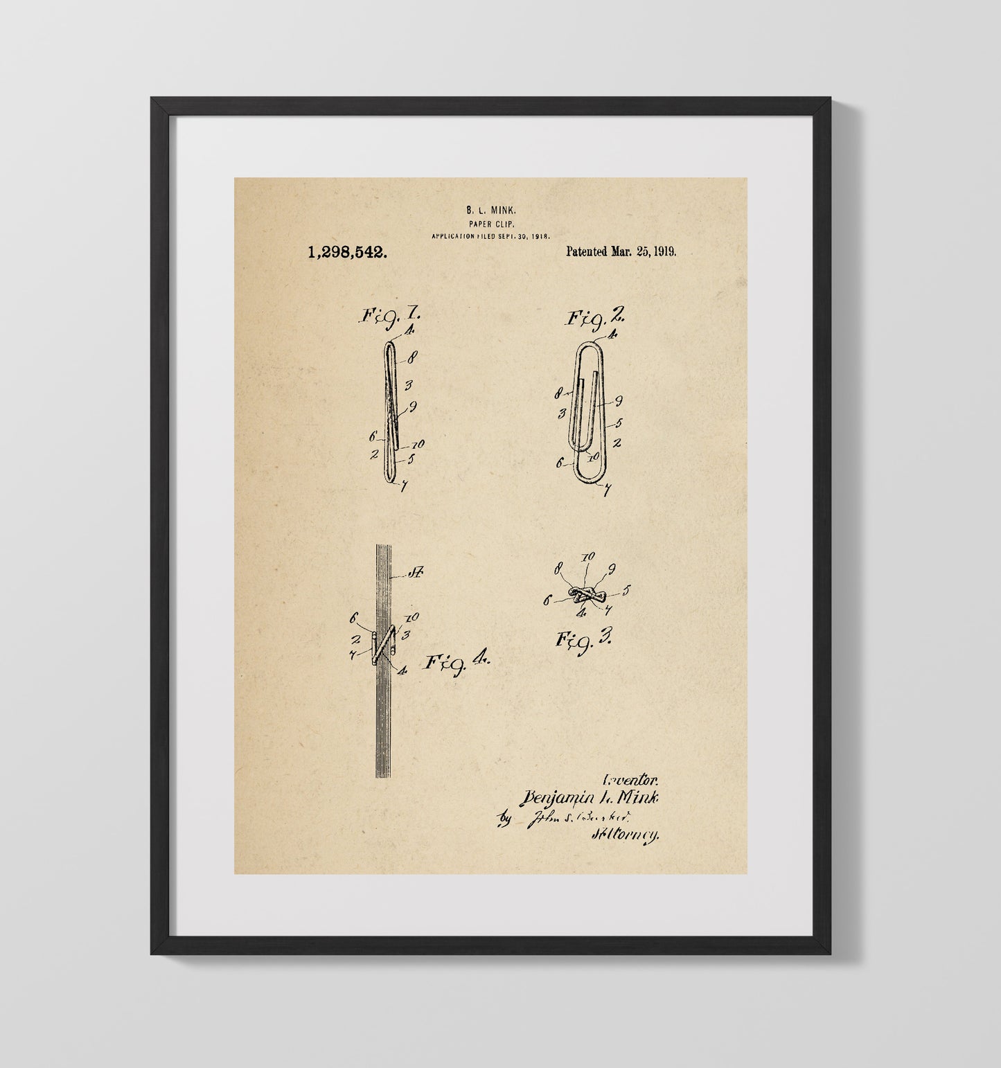 Patent Print - Paper Clip - B. L. Mink - 1919 - Patent 1298542 Patent Wall Art