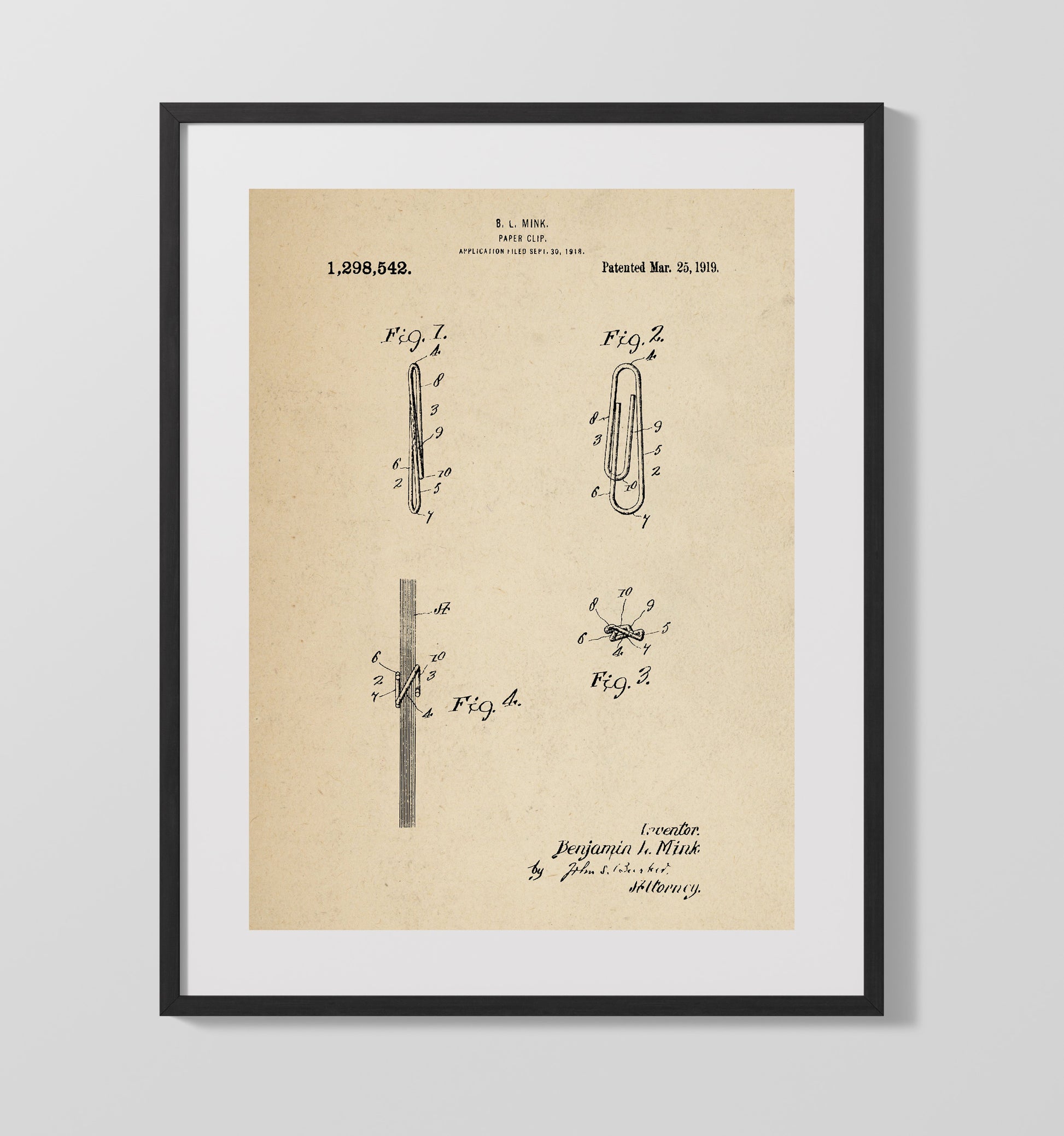 Patent Print - Paper Clip - B. L. Mink - 1919 - Patent 1298542 Patent Wall Art