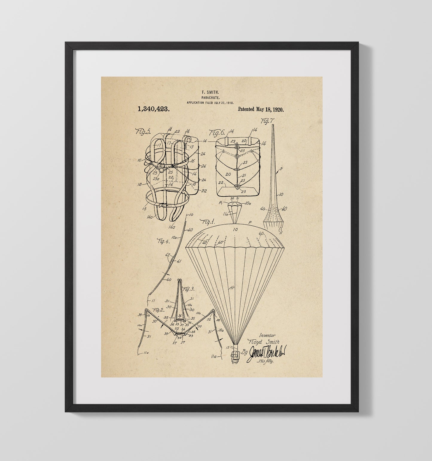 Patent Print - Parachute - Floyd Smith - 1920 - Patent 1340423 Patent Wall Art