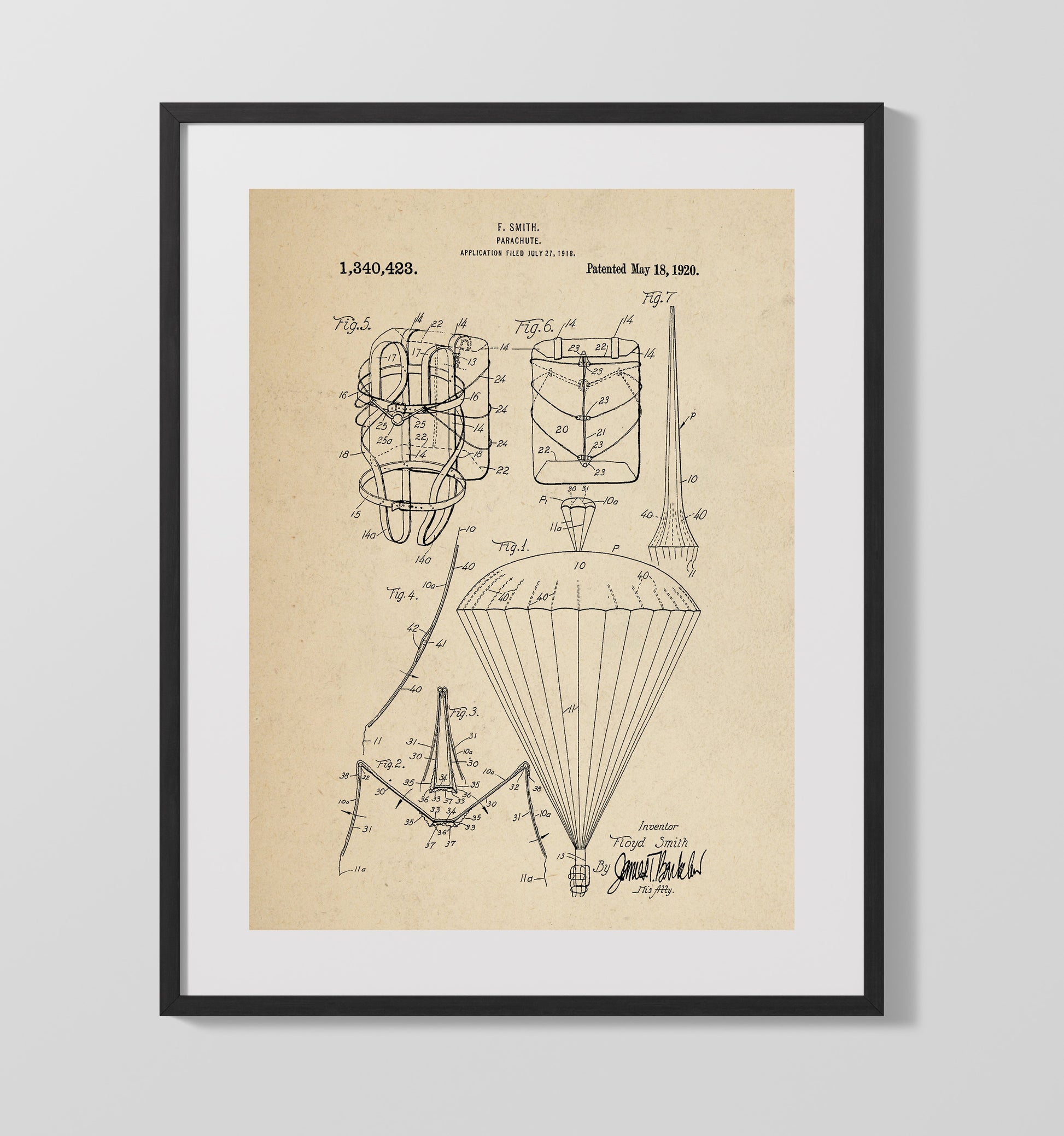 Patent Print - Parachute - Floyd Smith - 1920 - Patent 1340423 Patent Wall Art