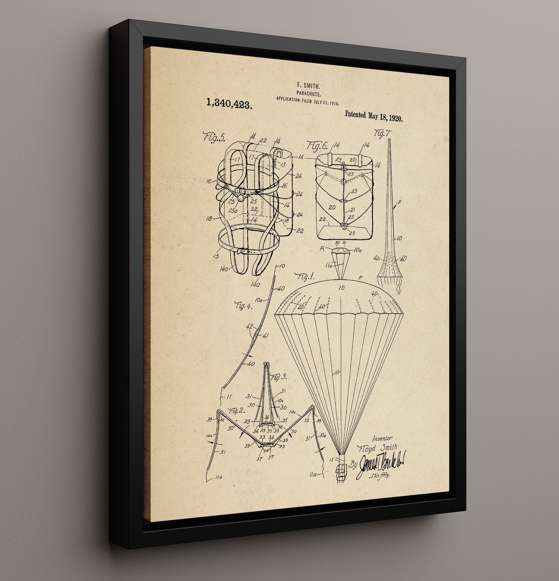 Patent Print - Parachute - Floyd Smith - 1920 - Patent 1340423 Patent Wall Art