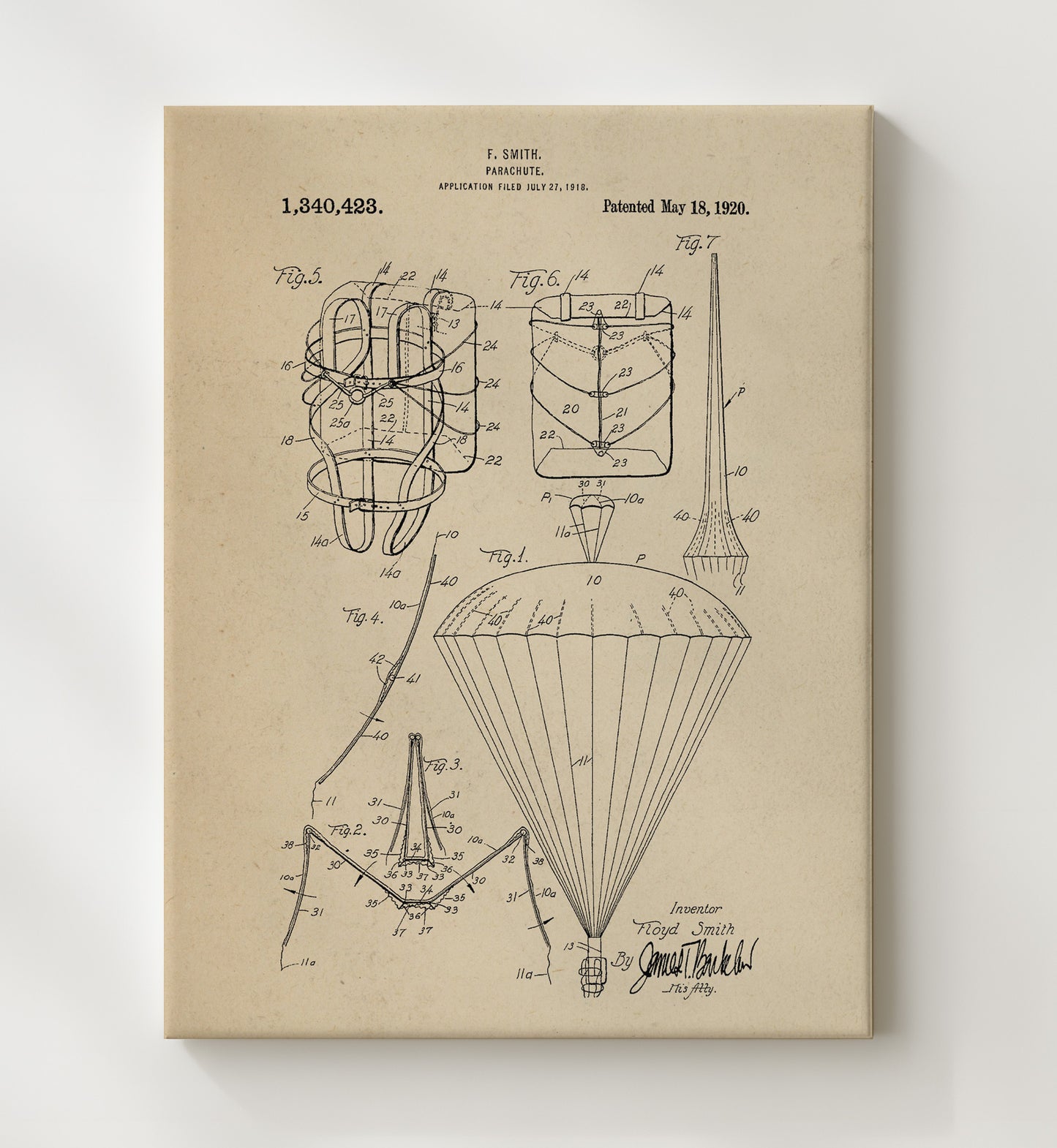 Patent Print - Parachute - Floyd Smith - 1920 - Patent 1340423 Patent Wall Art