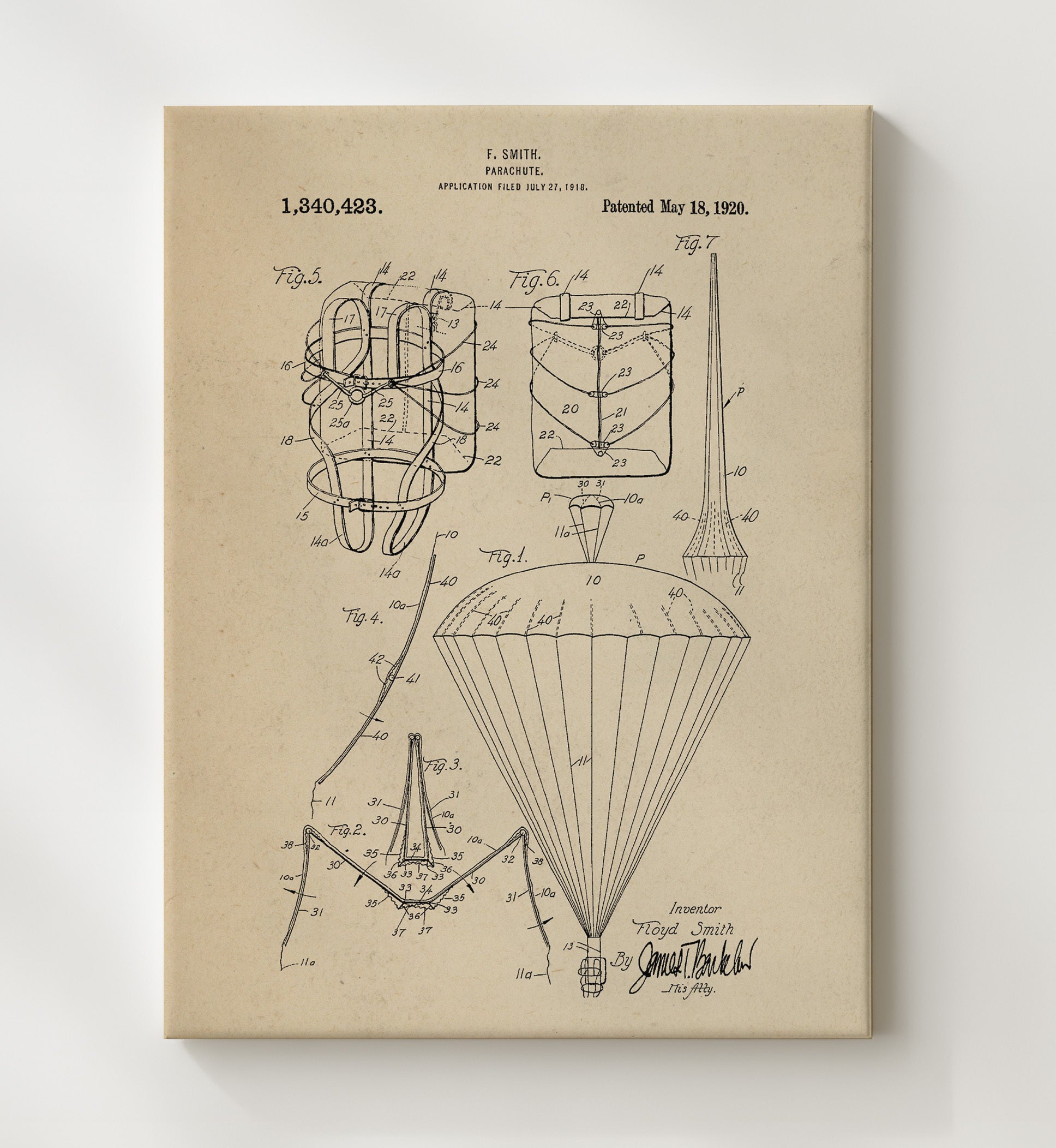 Patent Print - Parachute - Floyd Smith - 1920 - Patent 1340423 Patent Wall Art