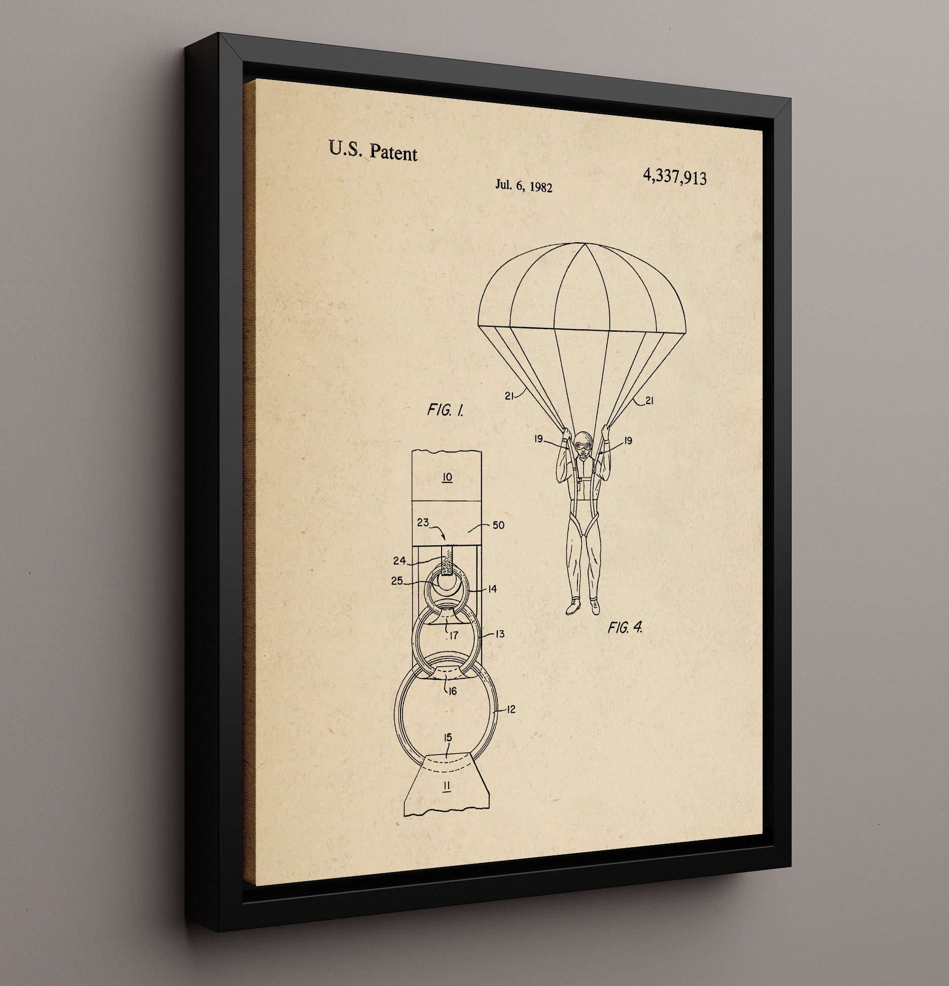 Patent Print - Parachute Harness Release Device - Unknown Inventor - 1982 - Patent 4337913 Patent Wall Art