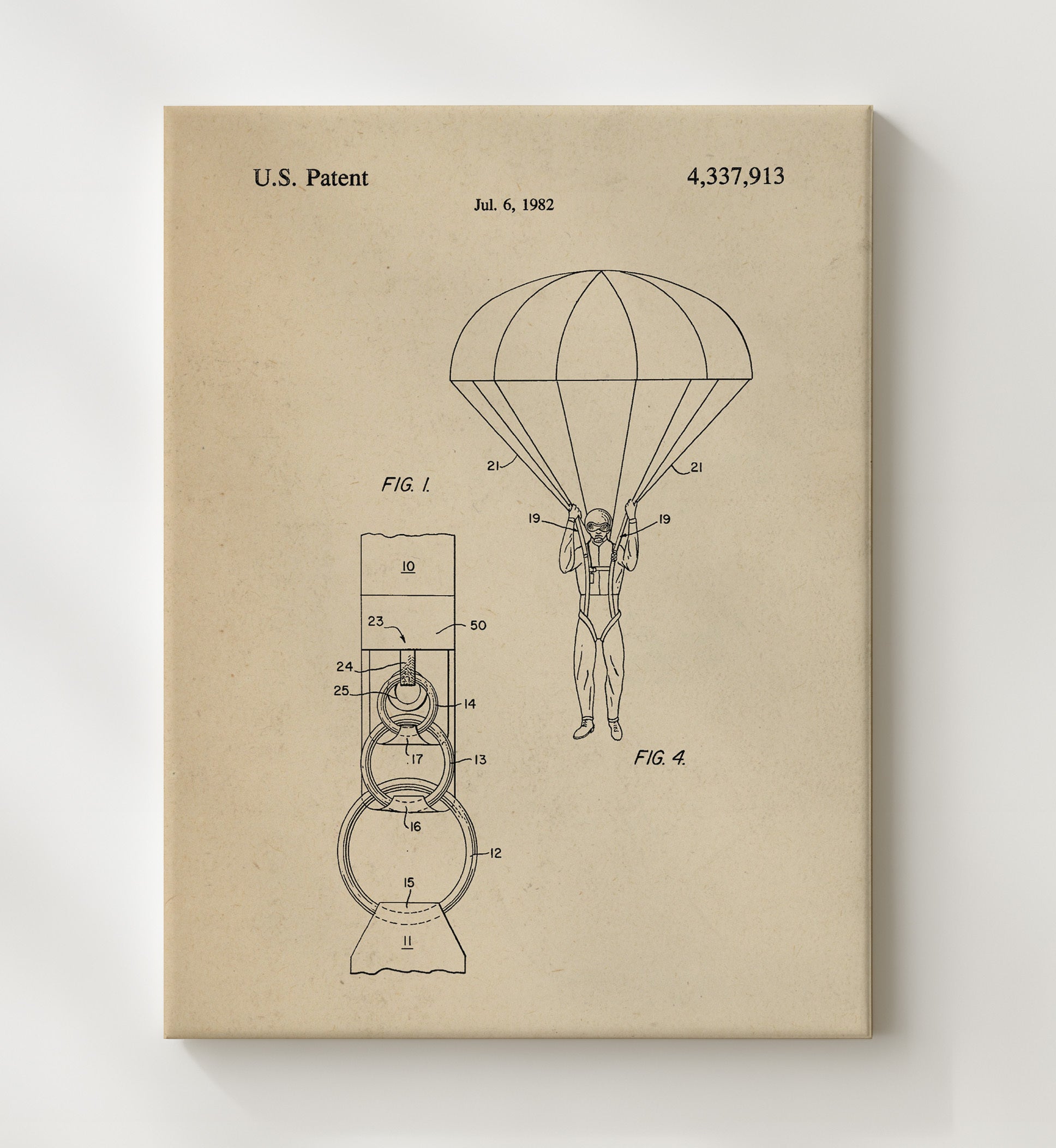 Patent Print - Parachute Harness Release Device - Unknown Inventor - 1982 - Patent 4337913 Patent Wall Art